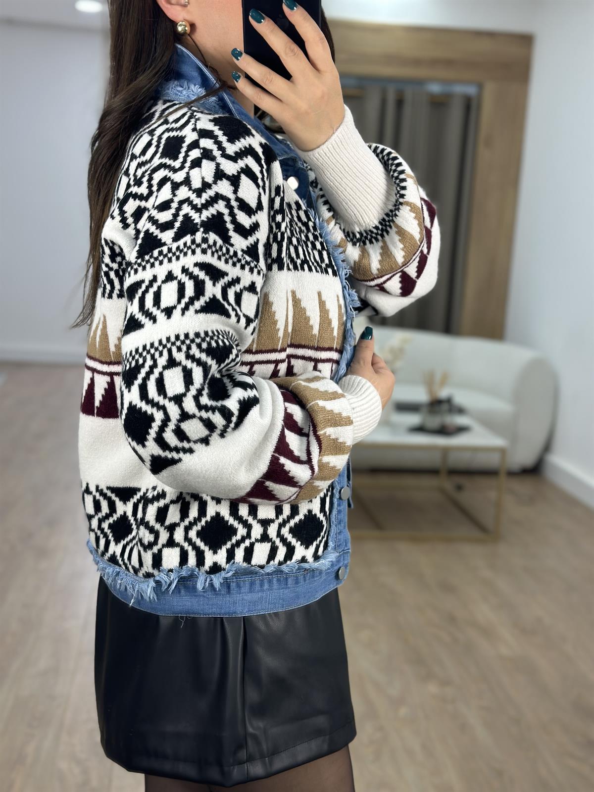 Denim Detay Etnik Desen Triko Ceket