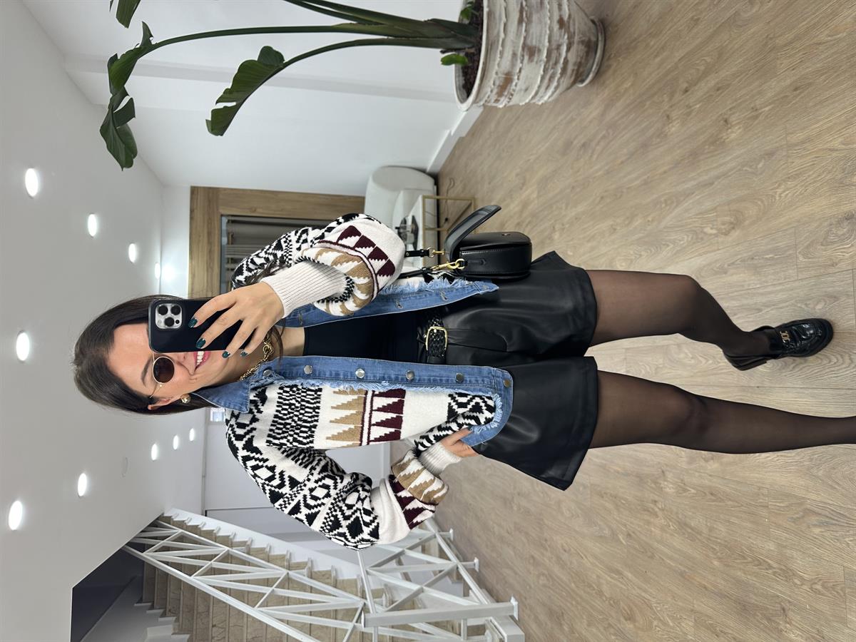 Denim Detay Etnik Desen Triko Ceket