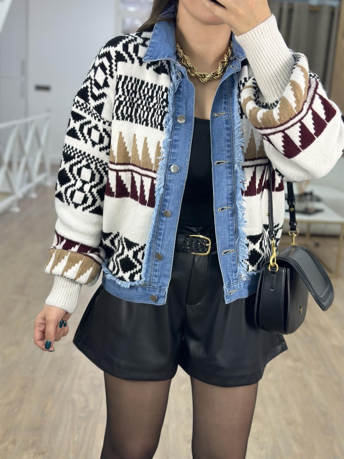 Denim Detay Etnik Desen Triko Ceket