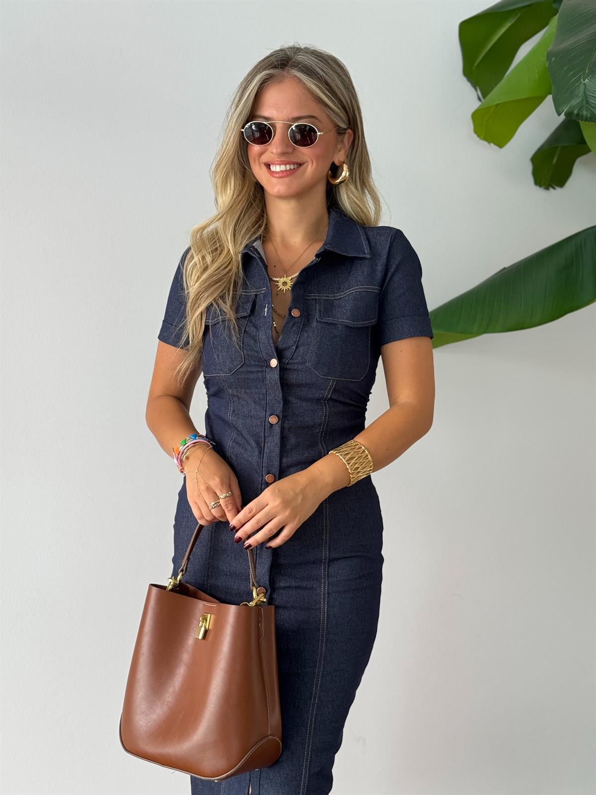 Denim Dikişli Beli Büzgülü Midi Elbise 