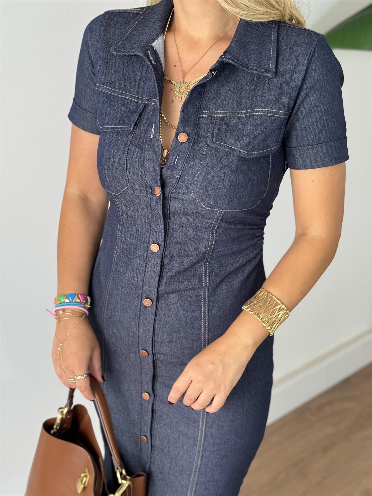 Denim Dikişli Beli Büzgülü Midi Elbise 