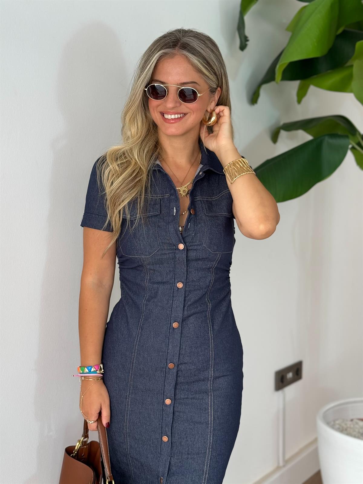 Denim Dikişli Beli Büzgülü Midi Elbise 