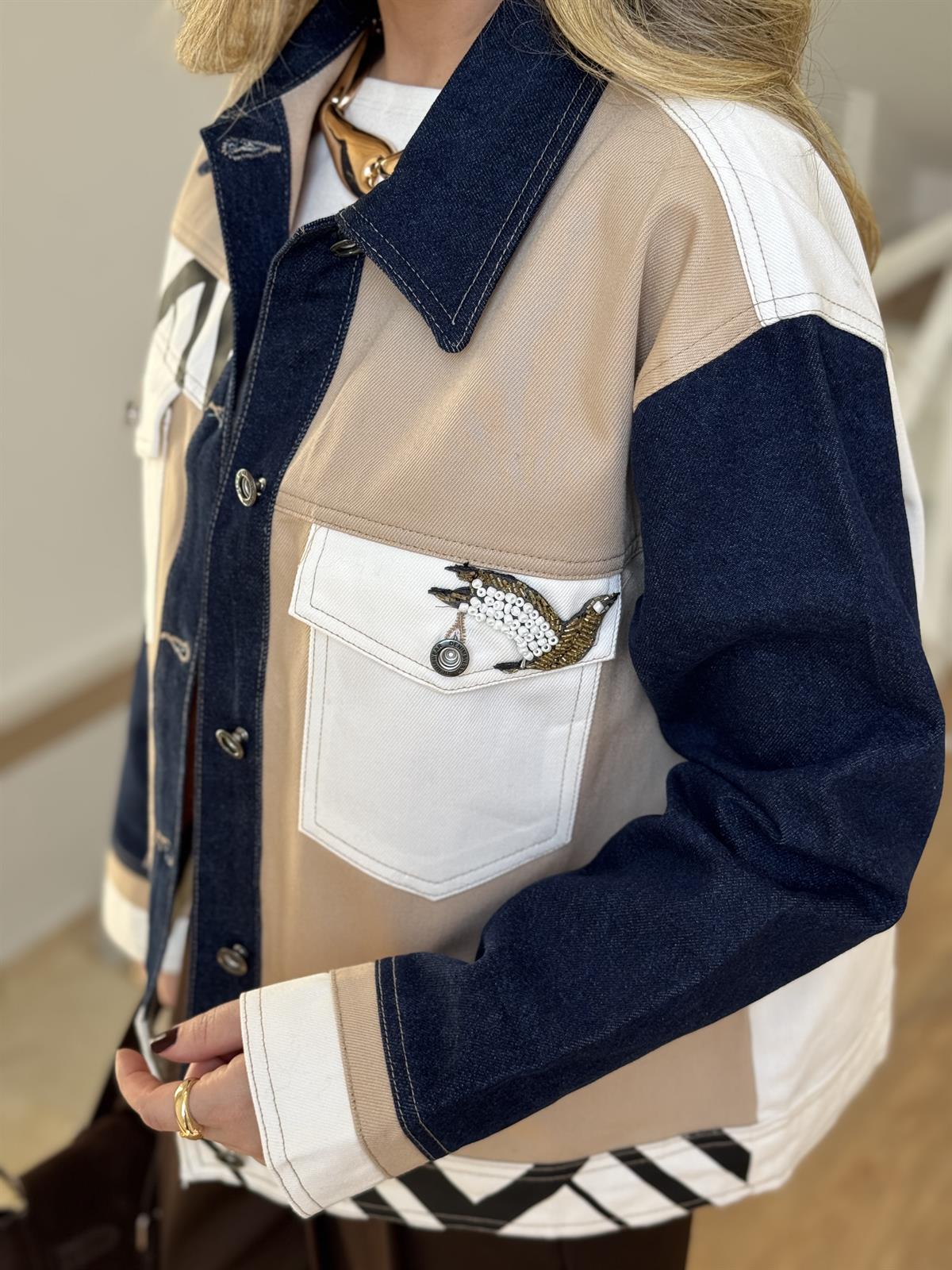 Denim Garnili El İşlemeli Ceket 