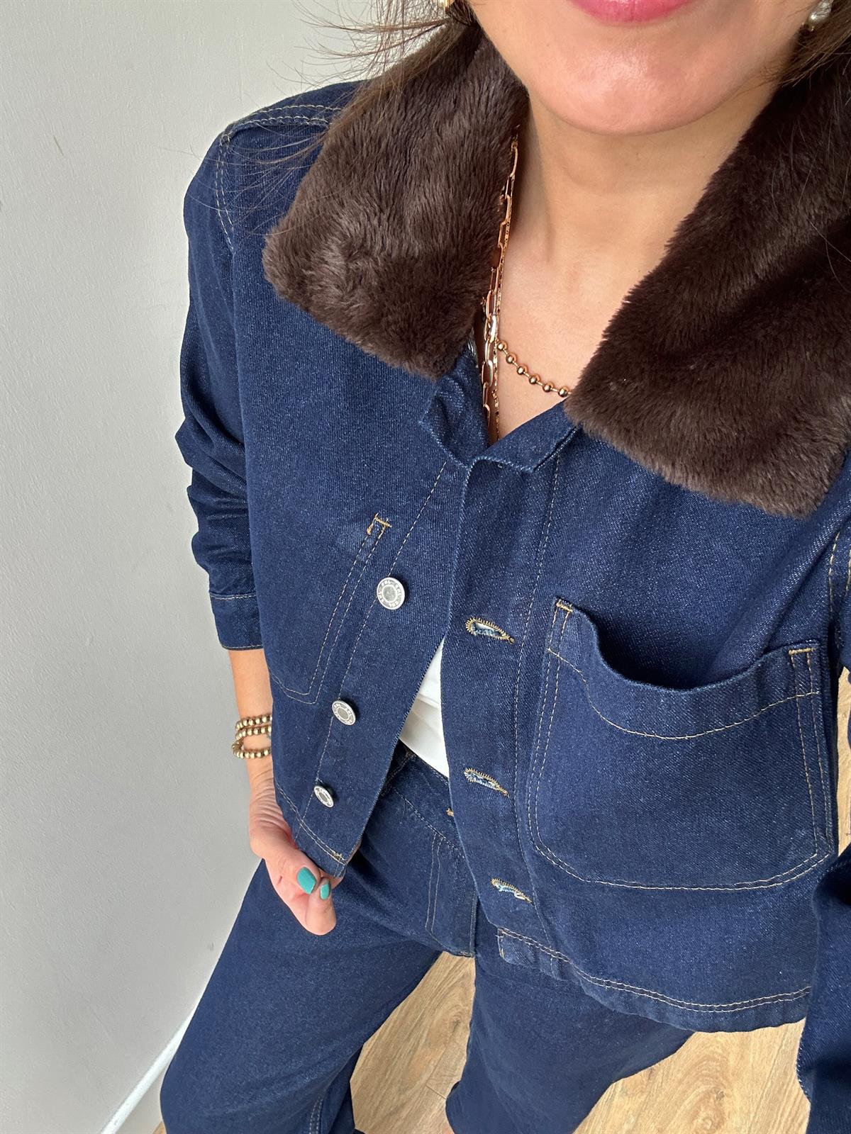 Yakası Kürklü Denim Pantolon Ceket Takım 