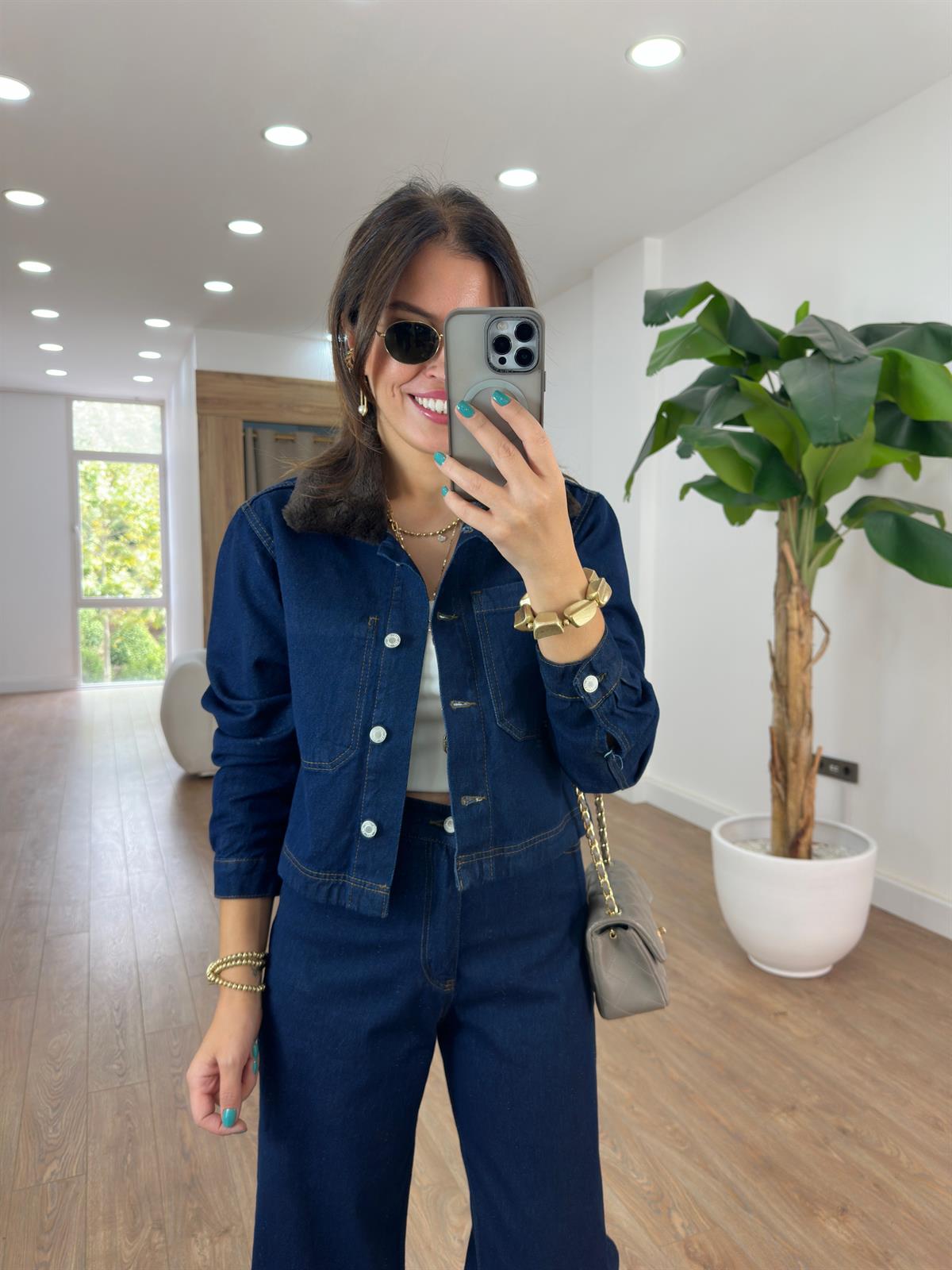 Yakası Kürklü Denim Pantolon Ceket Takım 