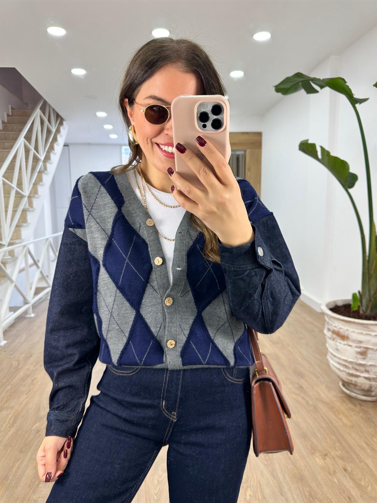 Denim Kol Detaylı Baklava Desen Hırka