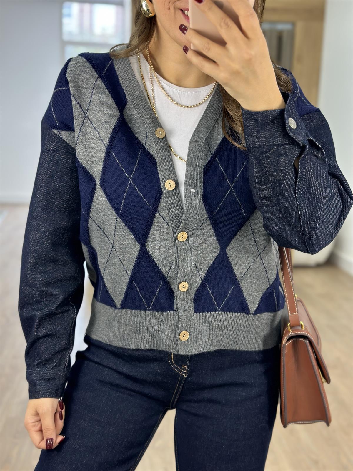 Denim Kol Detaylı Baklava Desen Hırka