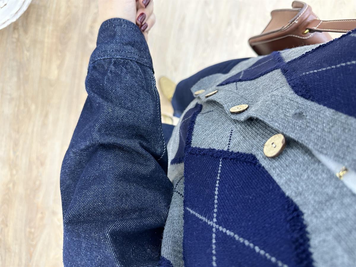 Denim Kol Detaylı Baklava Desen Hırka