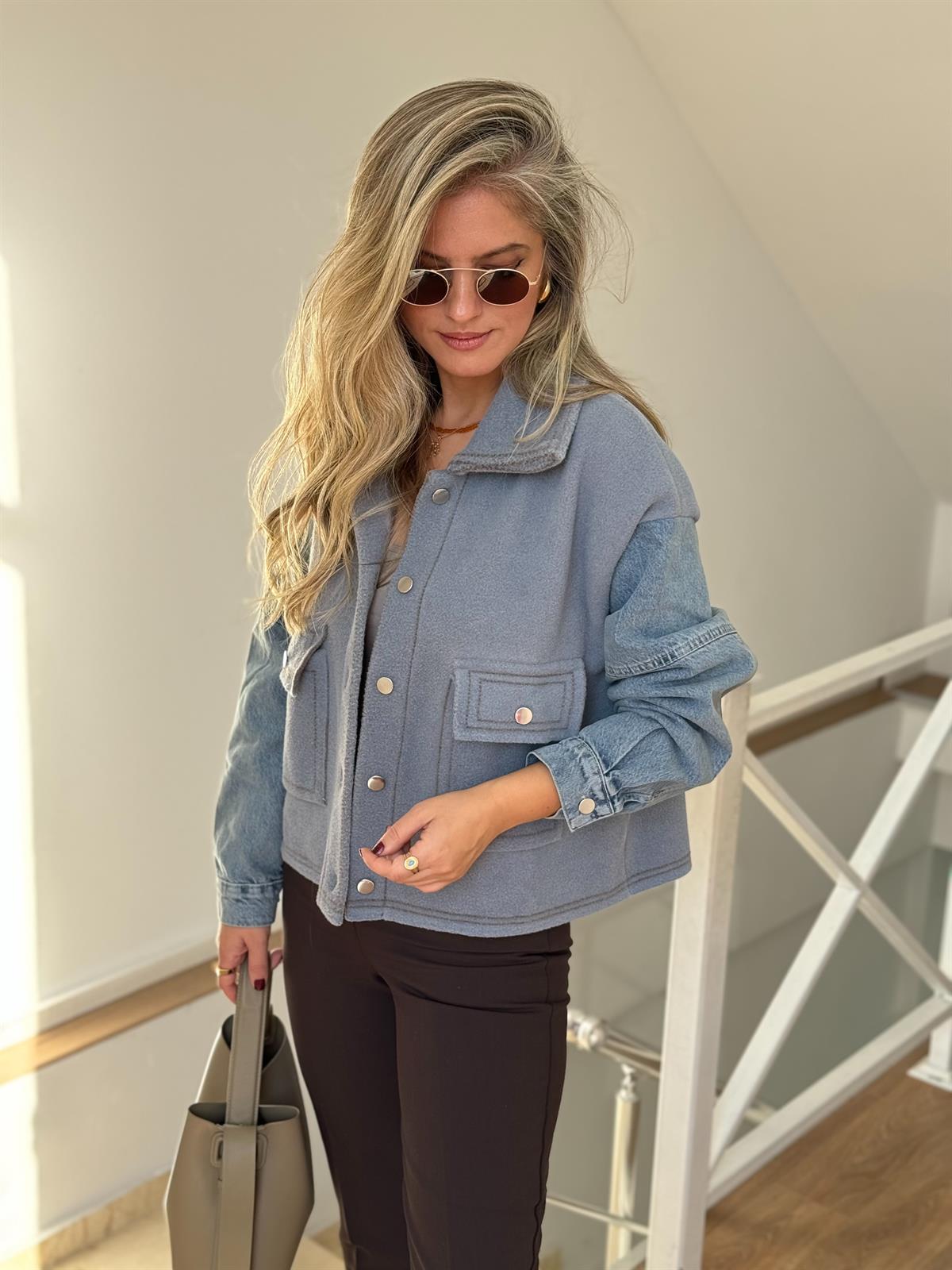 Denim Polar Mix Ceket - Mavi
