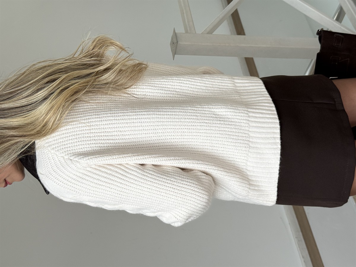 Denim Yaka Örgülü Triko Kazak - Ekru