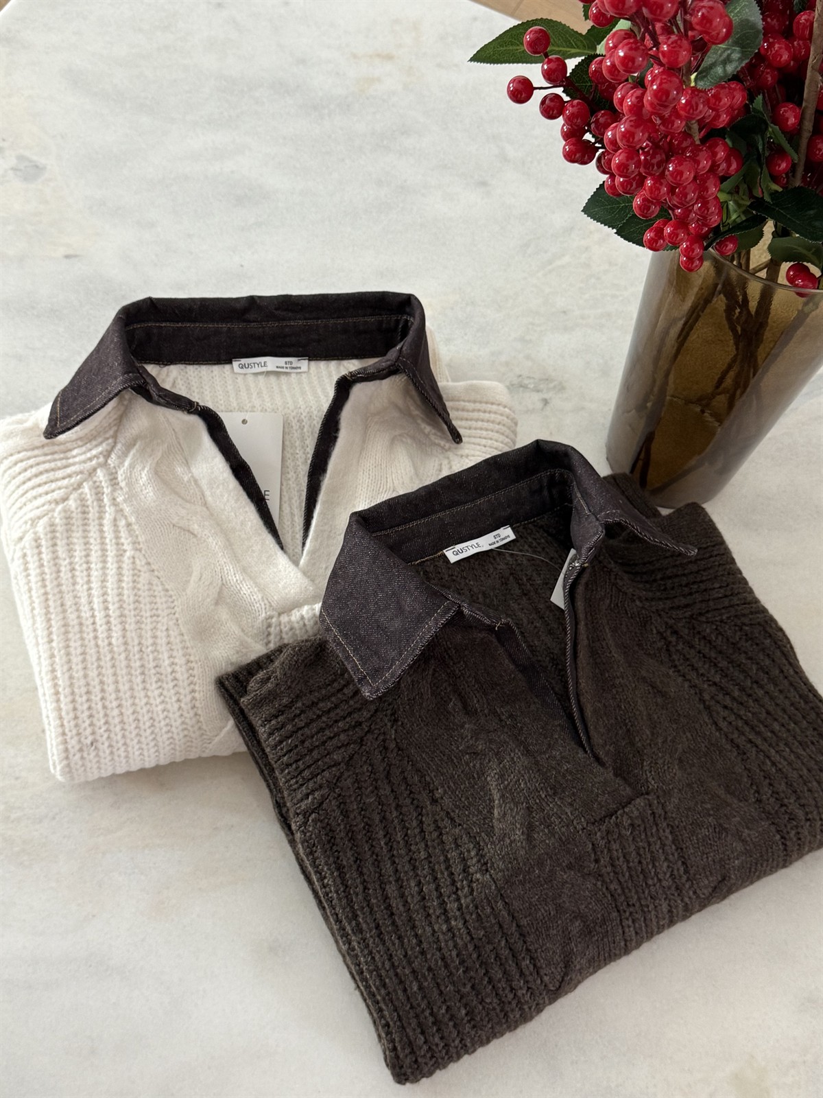 Denim Yaka Örgülü Triko Kazak - Ekru