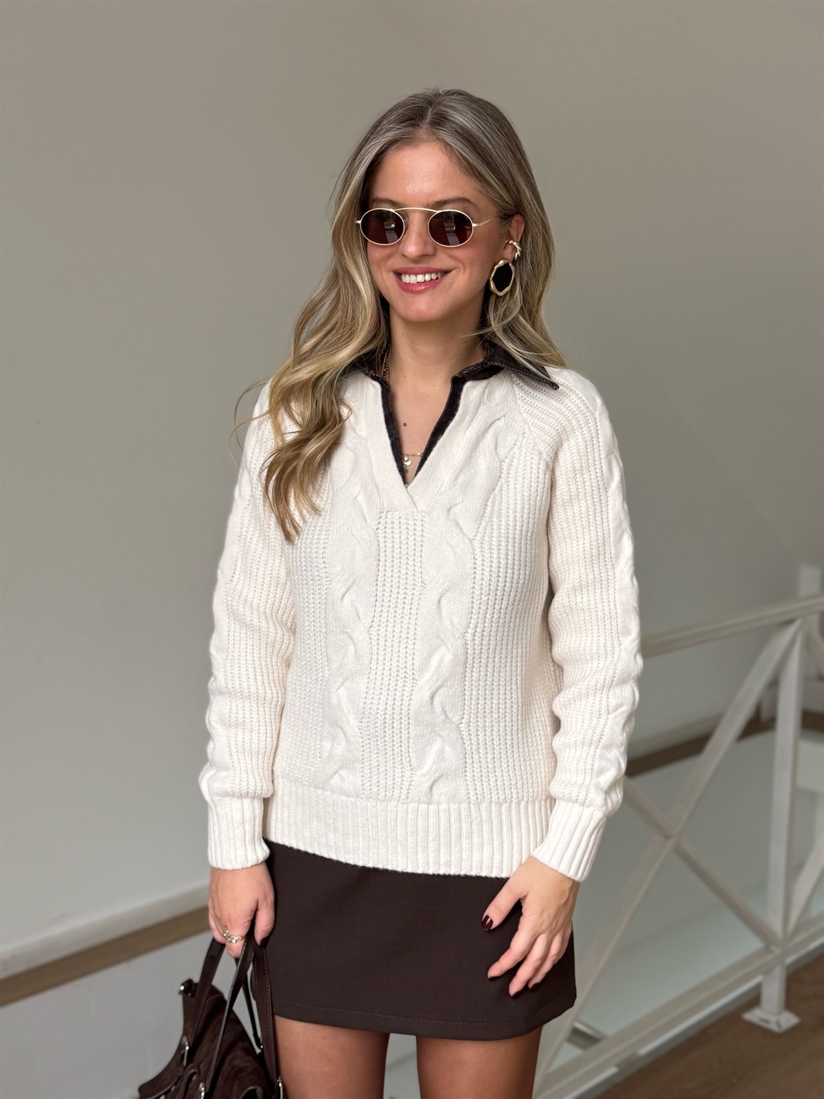 Denim Yaka Örgülü Triko Kazak - Ekru