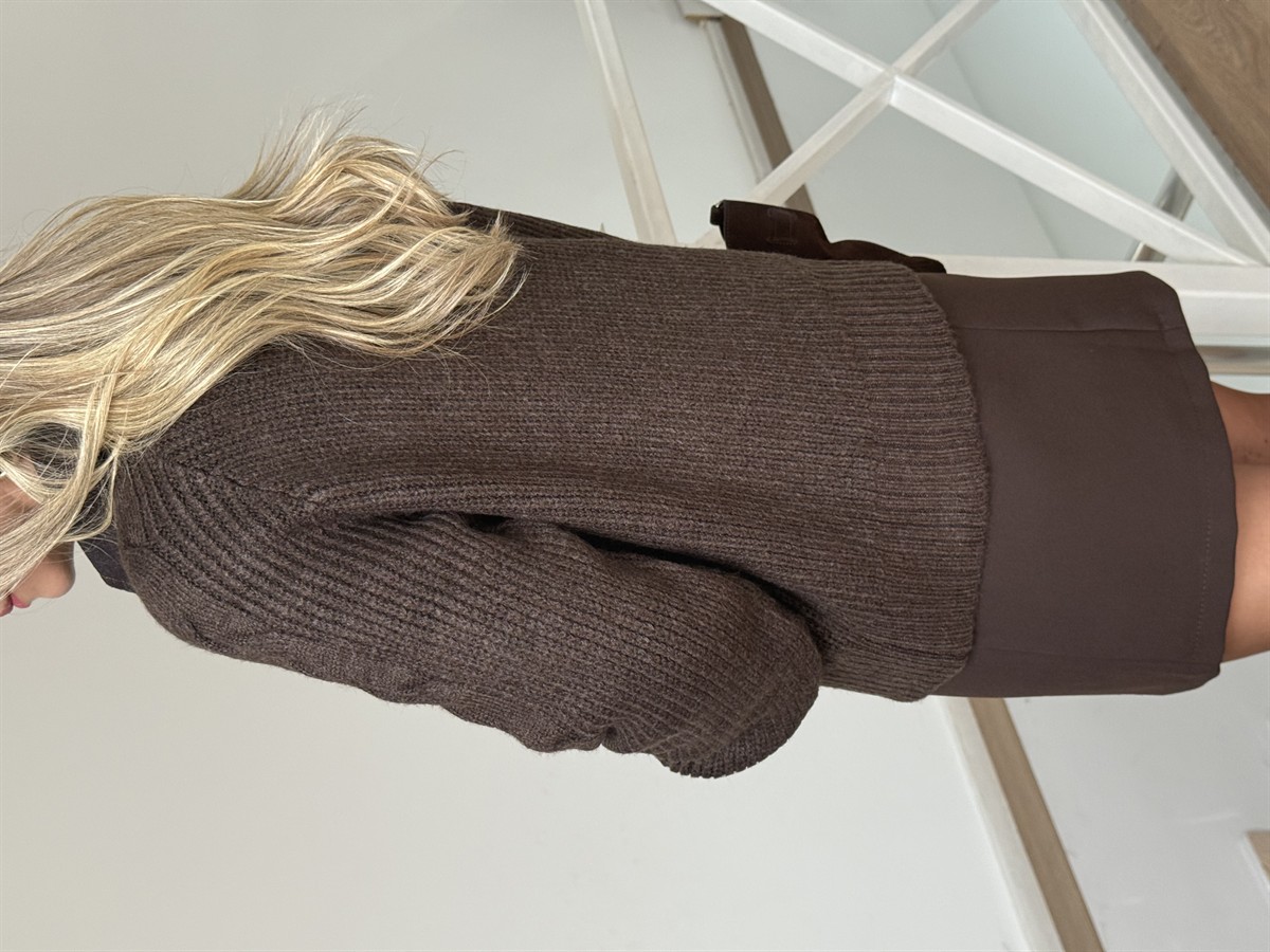 Denim Yaka Örgülü Triko Kazak - Kahverengi