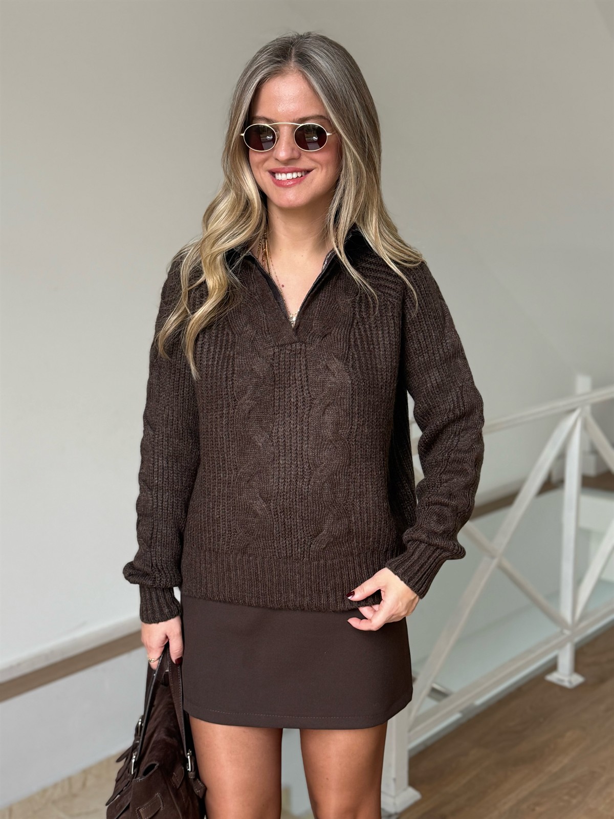 Denim Yaka Örgülü Triko Kazak - Kahverengi