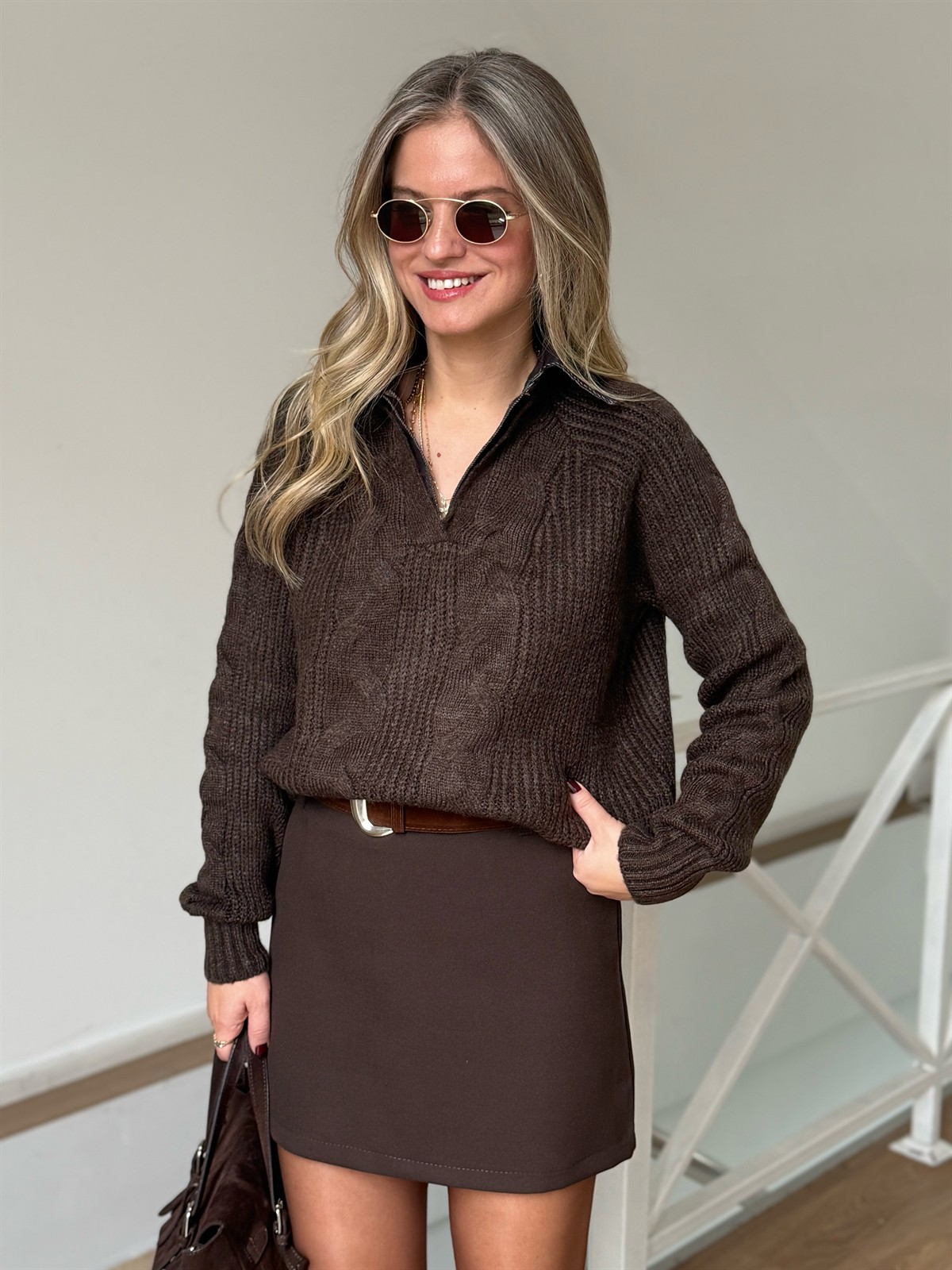 Denim Yaka Örgülü Triko Kazak - Kahverengi