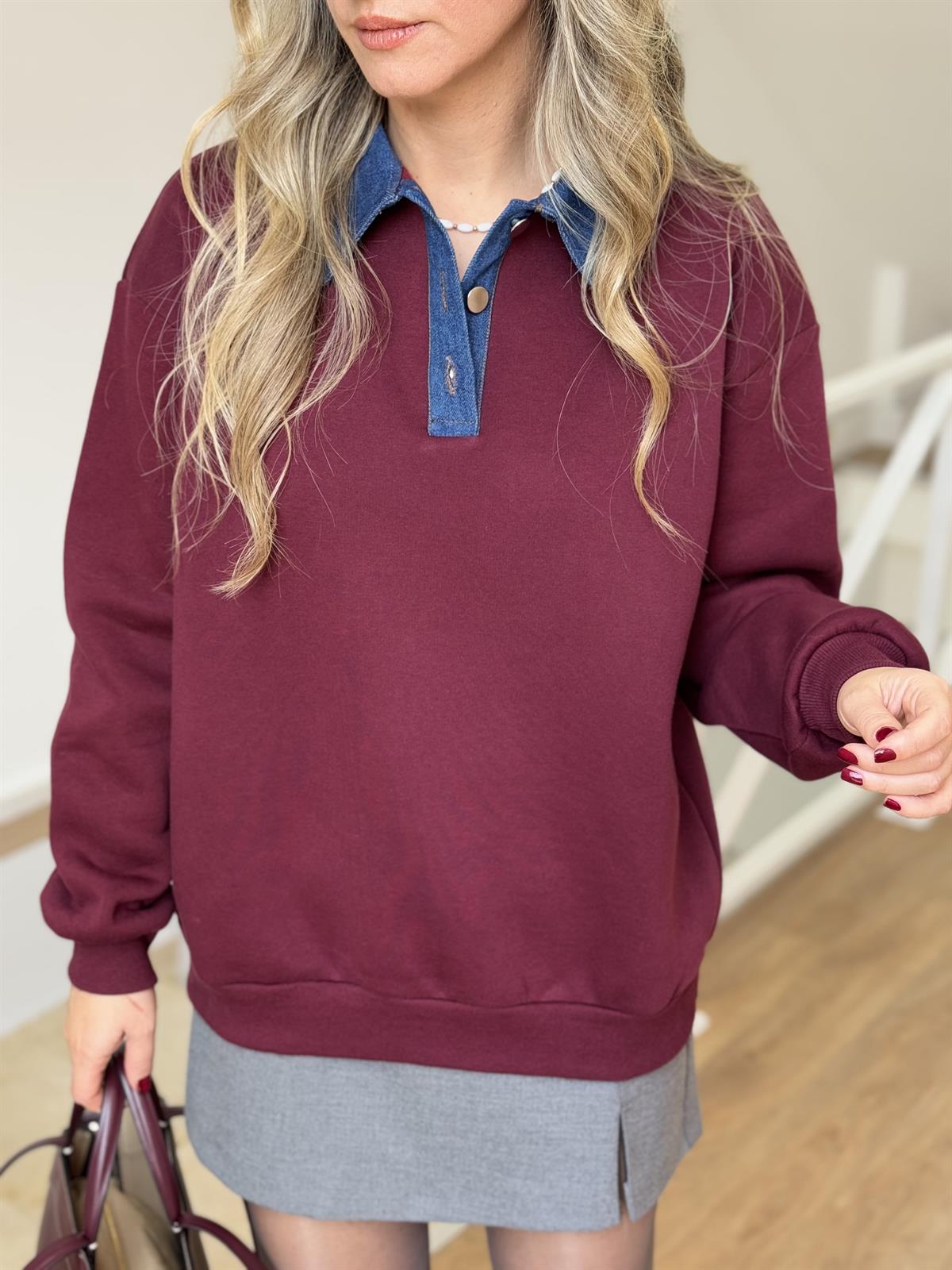 Denim Yaka Sweatshirt - Bordo