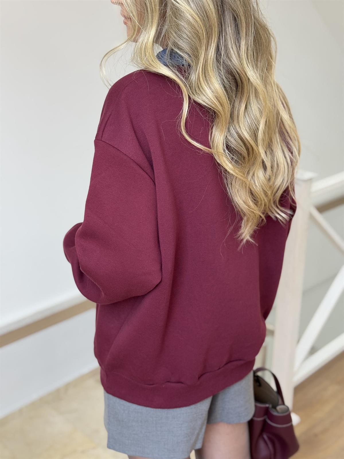 Denim Yaka Sweatshirt - Bordo