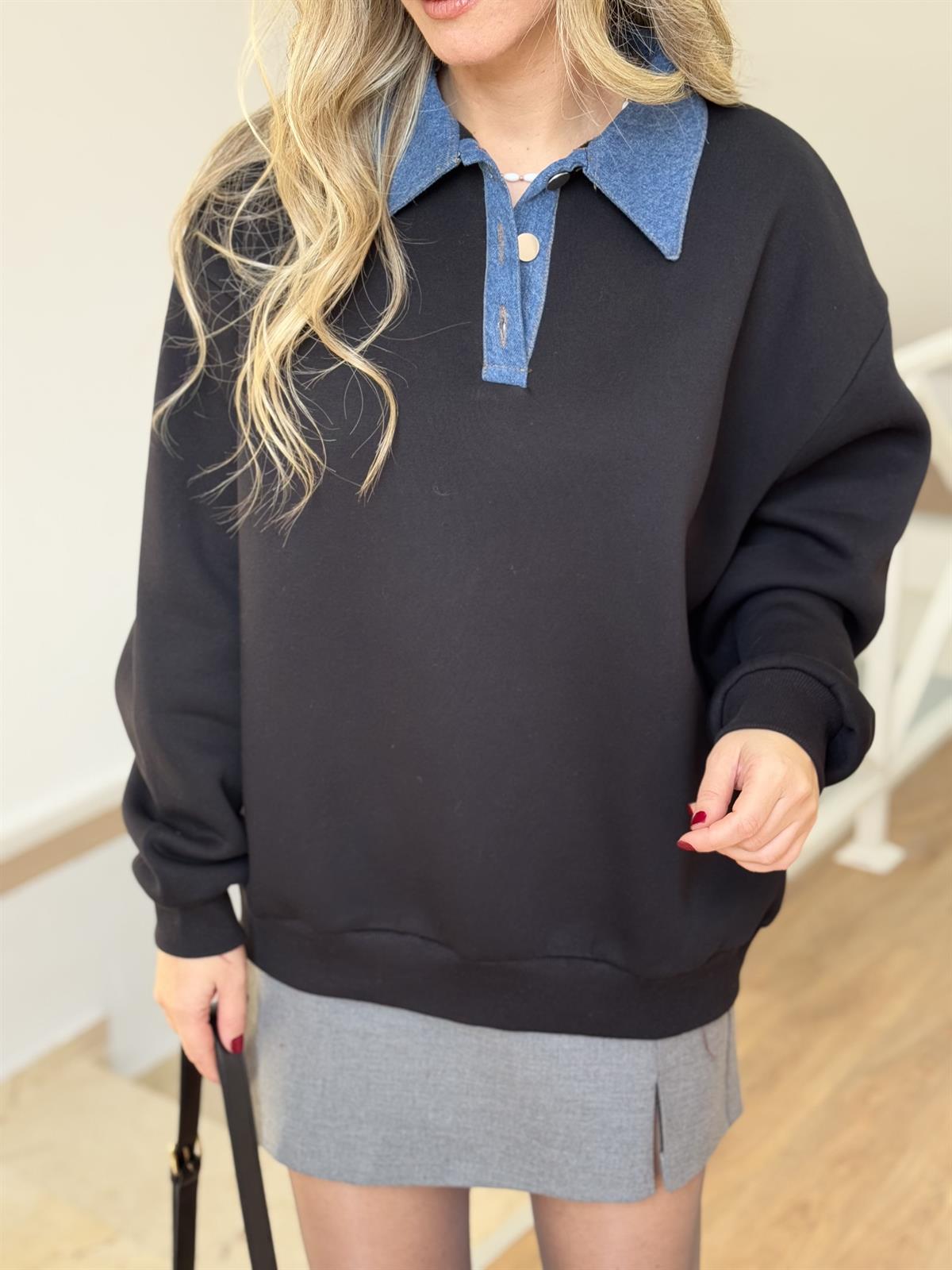 Denim Yaka Sweatshirt - Siyah