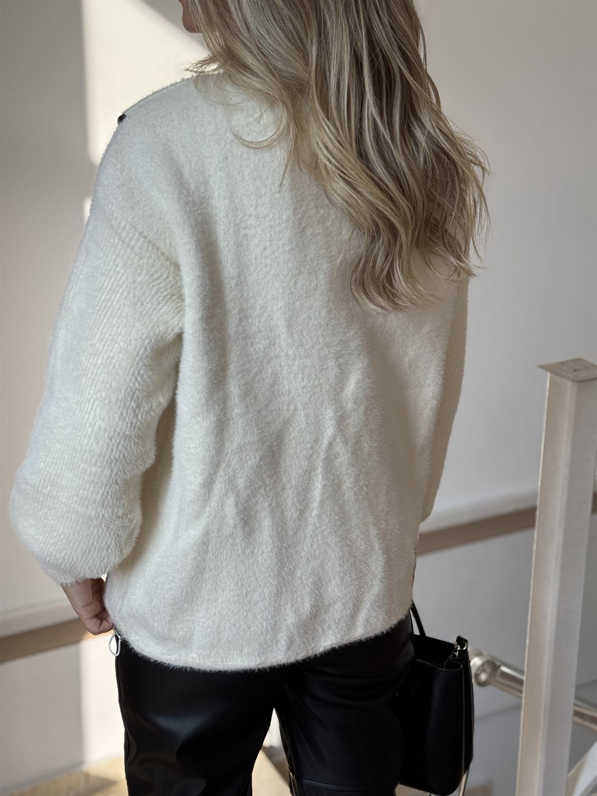 Deri Detaylı Angora Ceket - Ekru