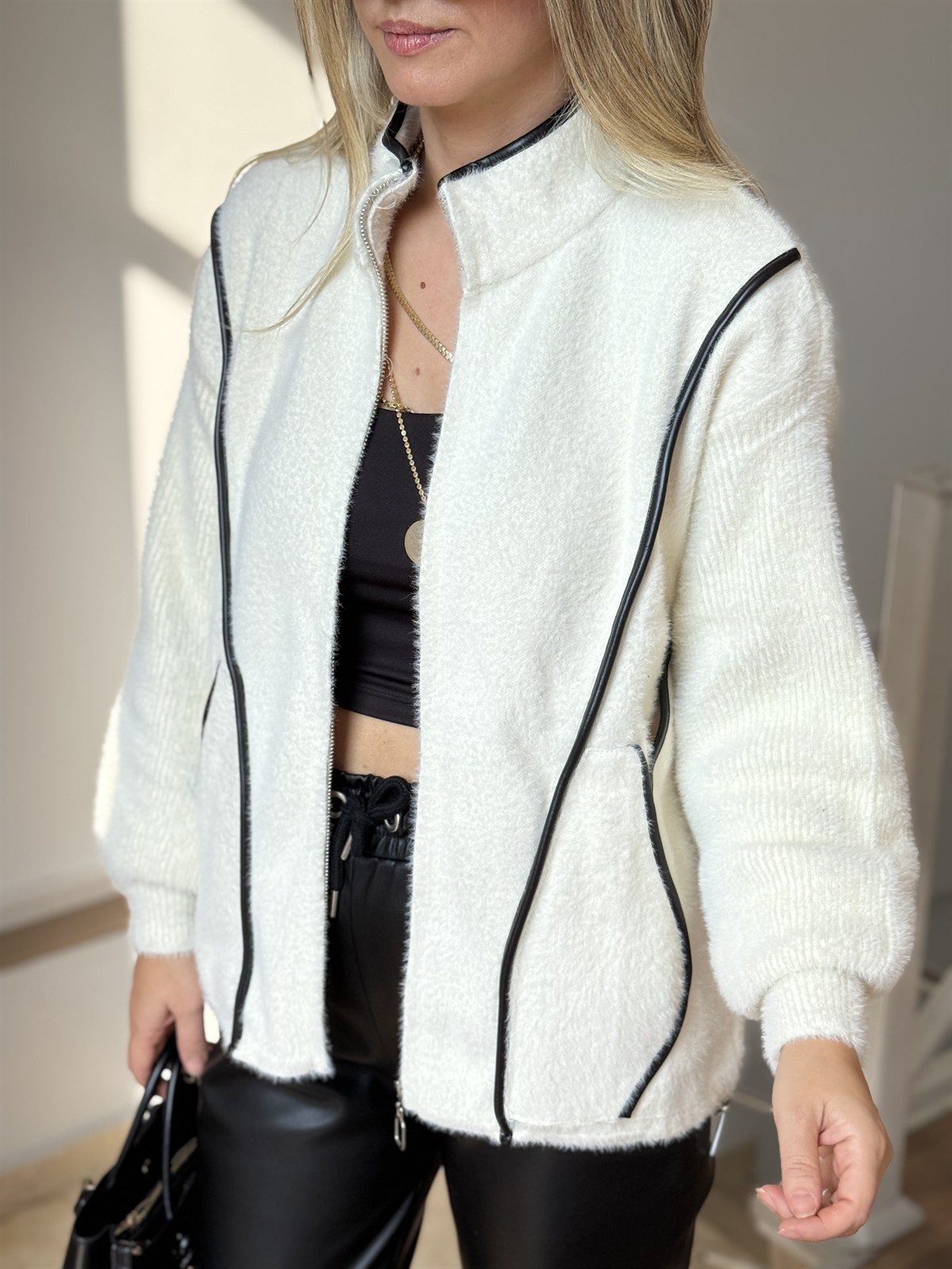 Deri Detaylı Angora Ceket - Ekru