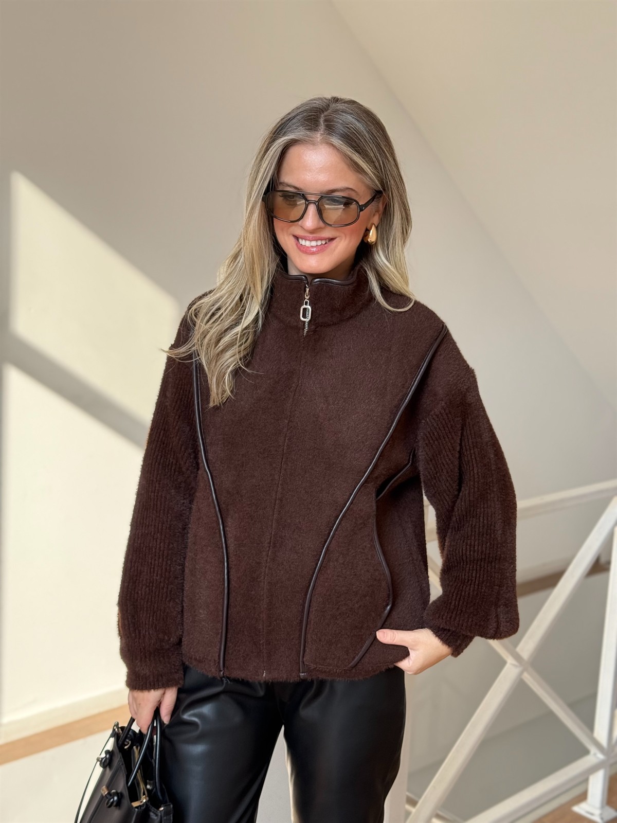 Deri Detaylı Angora Ceket - Kahverengi