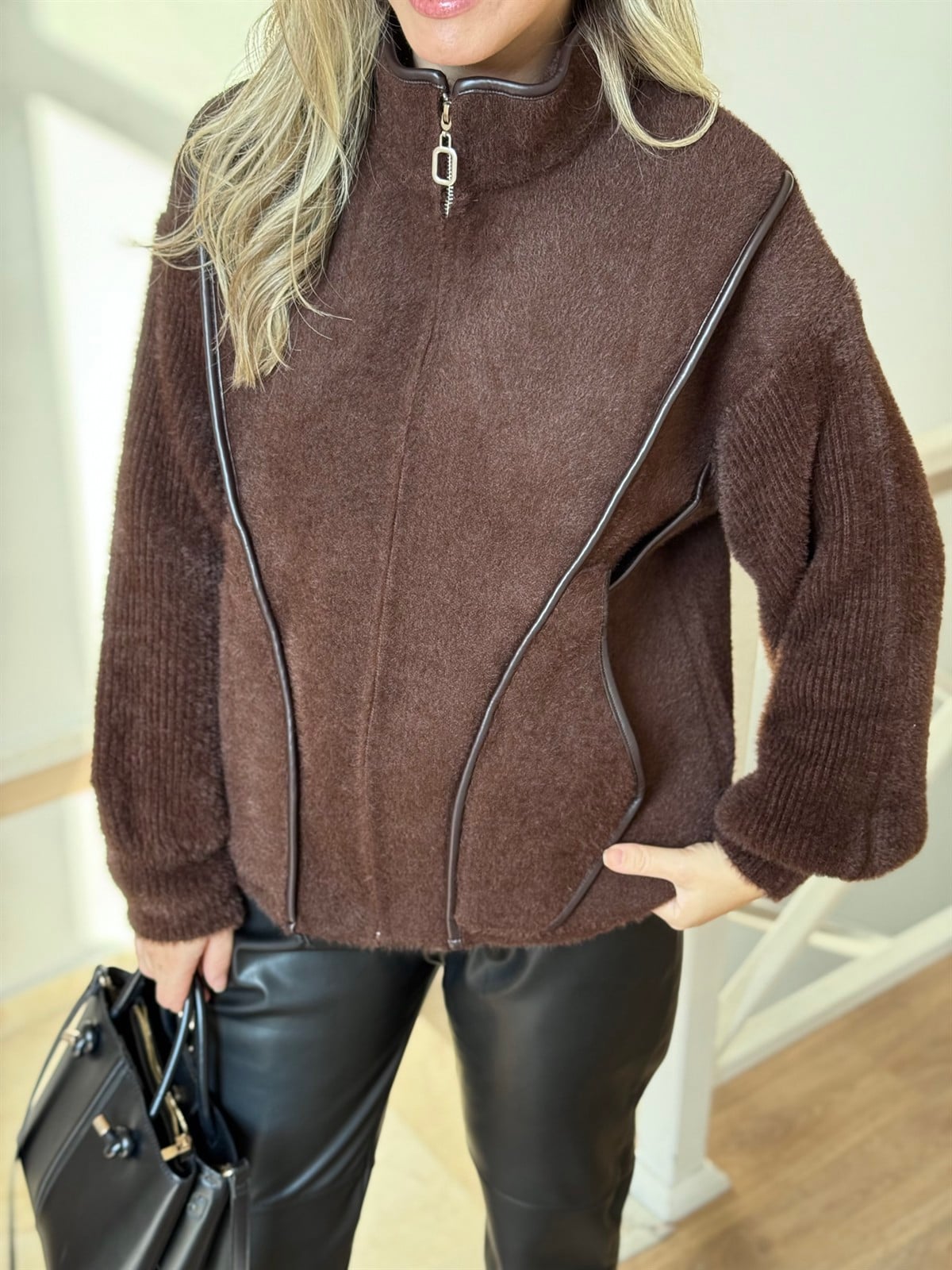 Deri Detaylı Angora Ceket - Kahverengi
