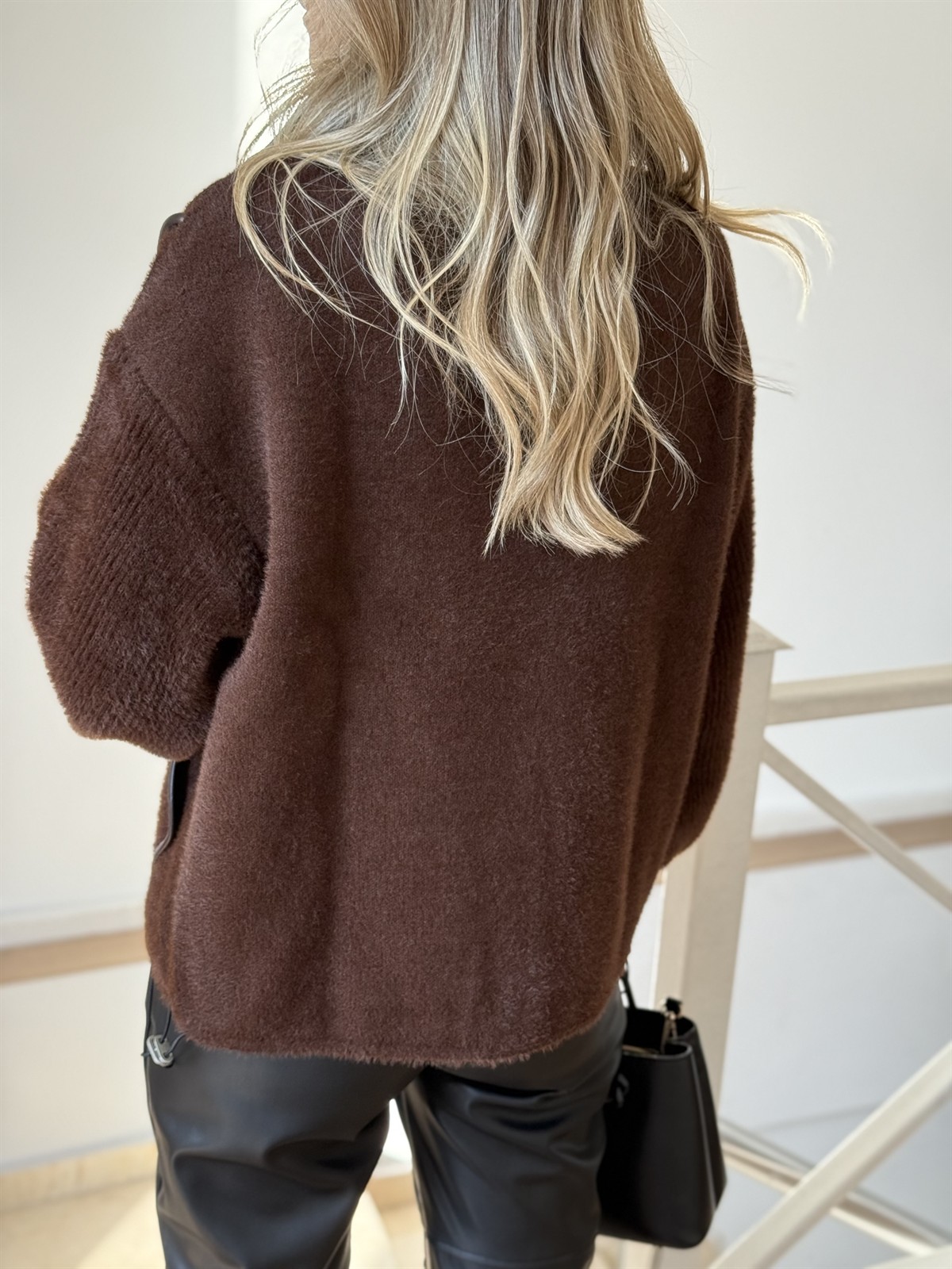 Deri Detaylı Angora Ceket - Kahverengi