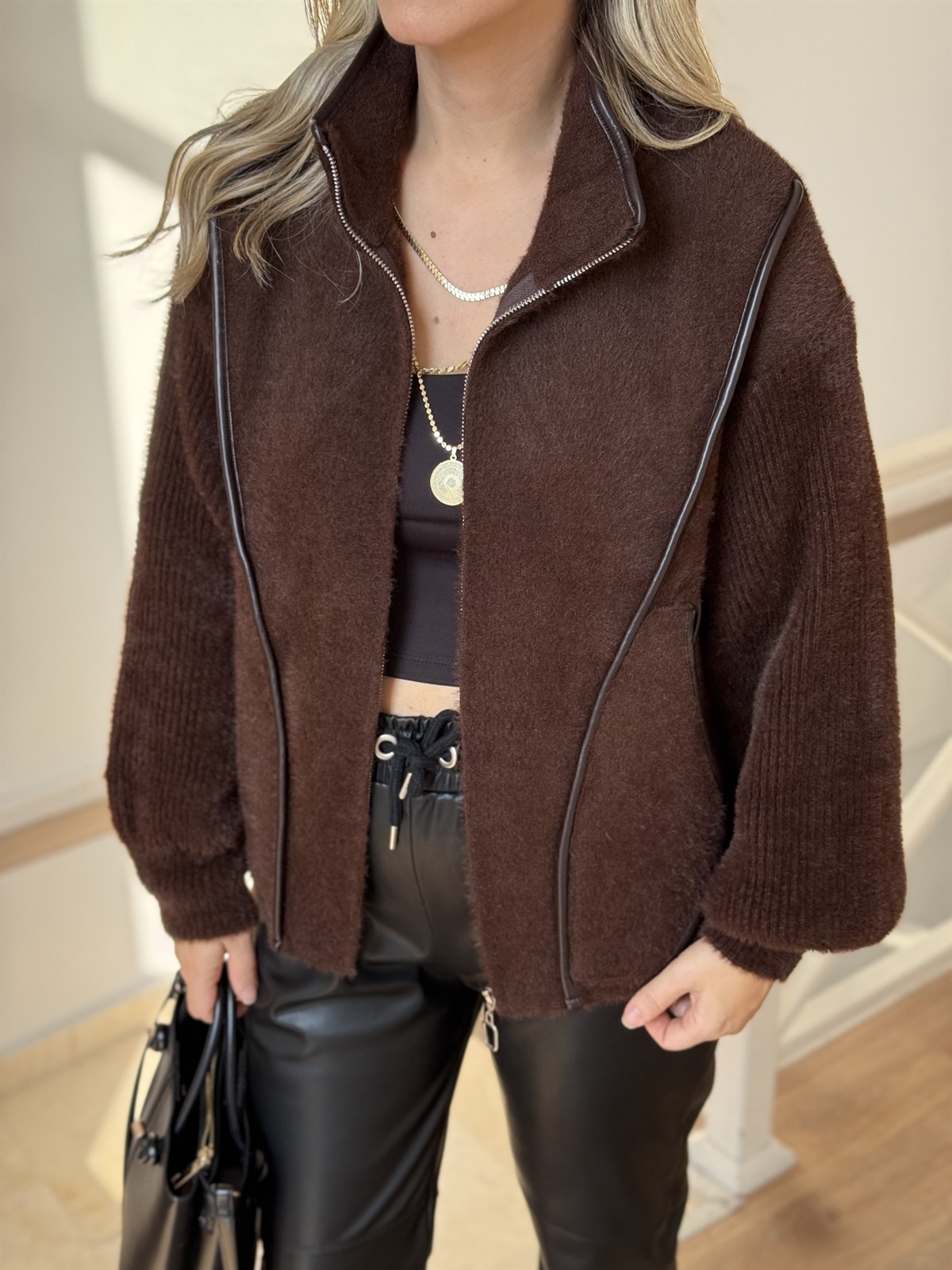 Deri Detaylı Angora Ceket - Kahverengi