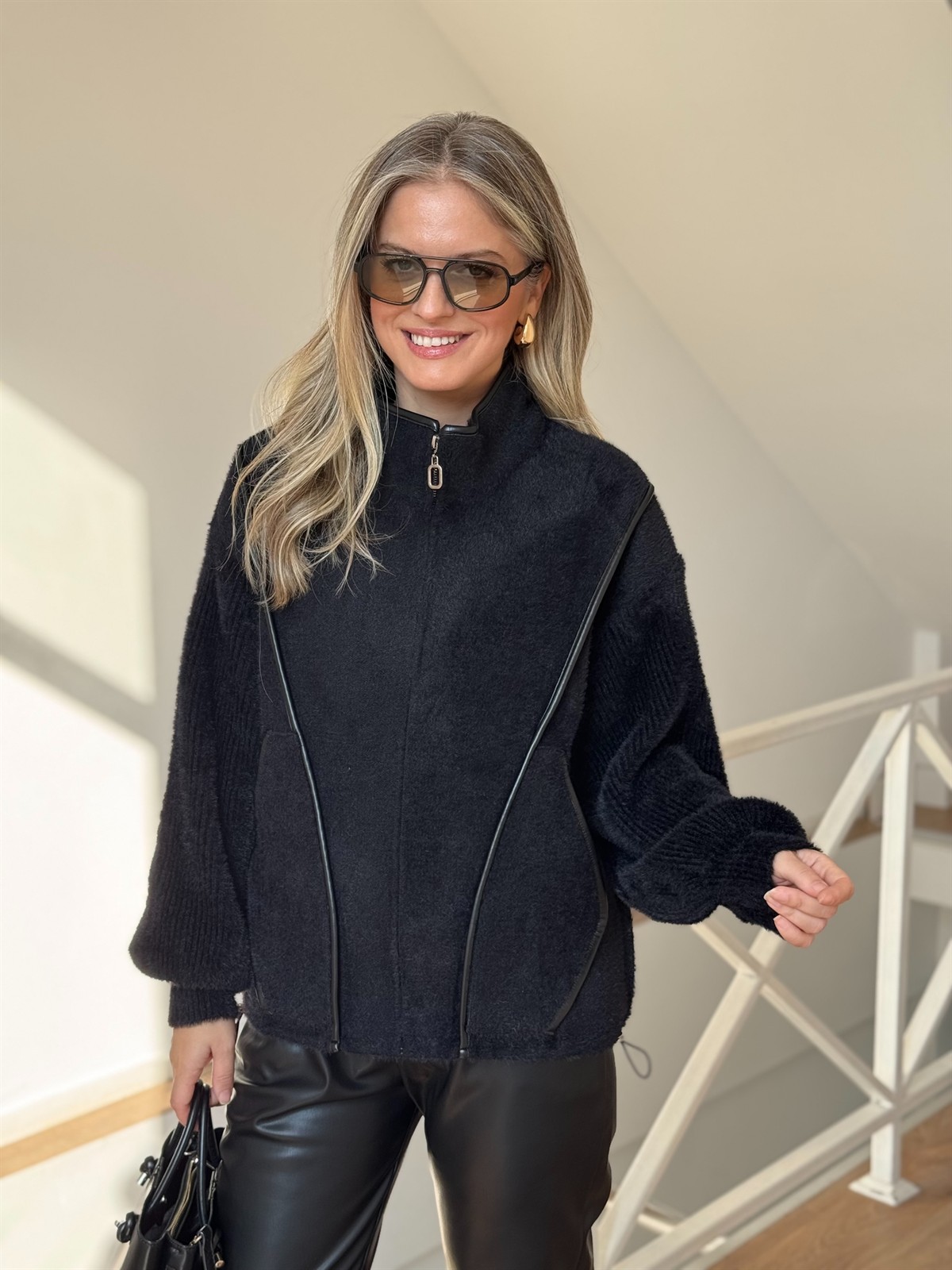 Deri Detaylı Angora Ceket - Siyah