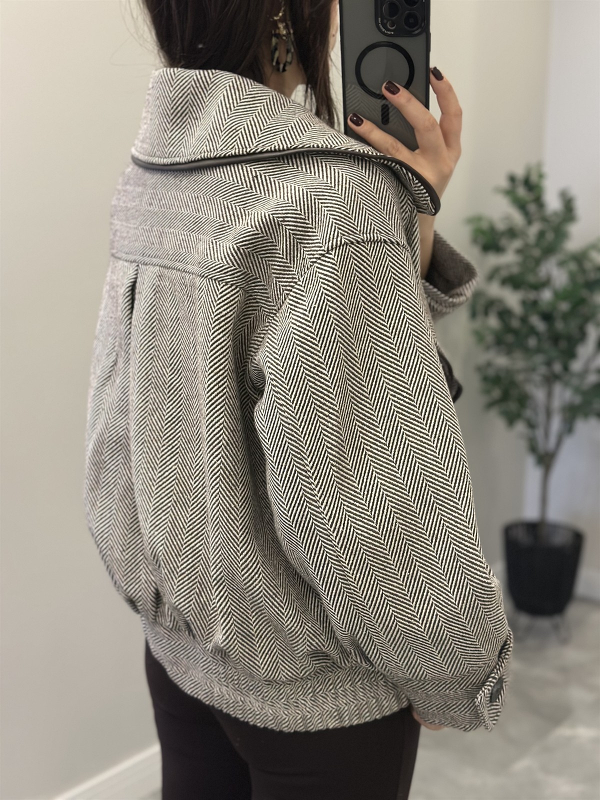 Deri Detaylı Kazayağı Bomber Ceket - Kahverengi