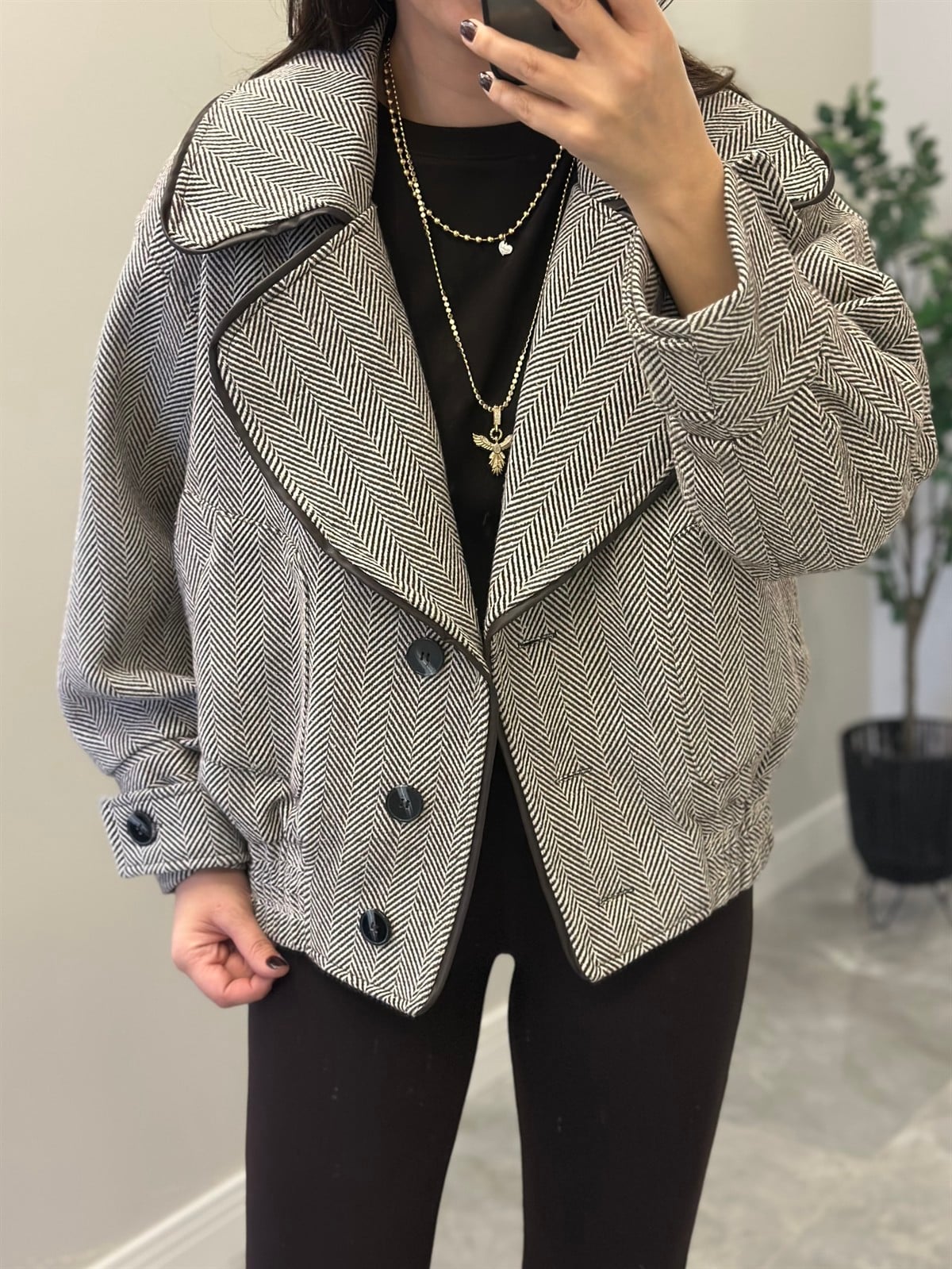 Deri Detaylı Kazayağı Bomber Ceket - Kahverengi