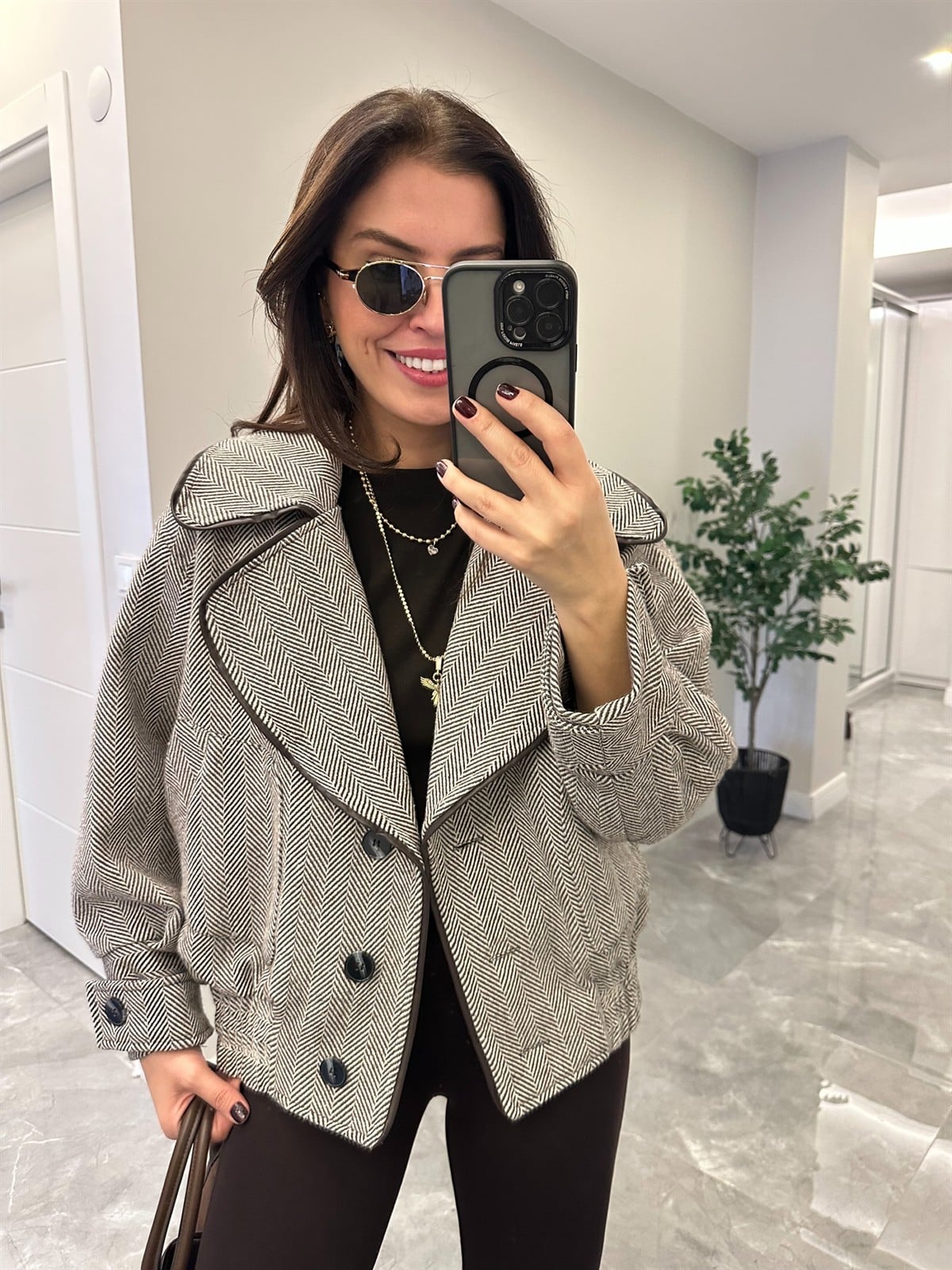 Deri Detaylı Kazayağı Bomber Ceket - Kahverengi