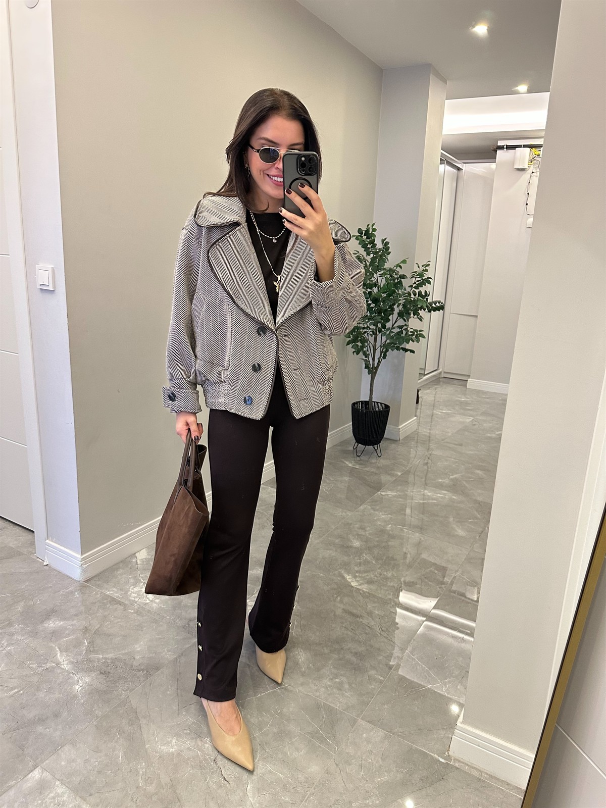 Deri Detaylı Kazayağı Bomber Ceket - Kahverengi