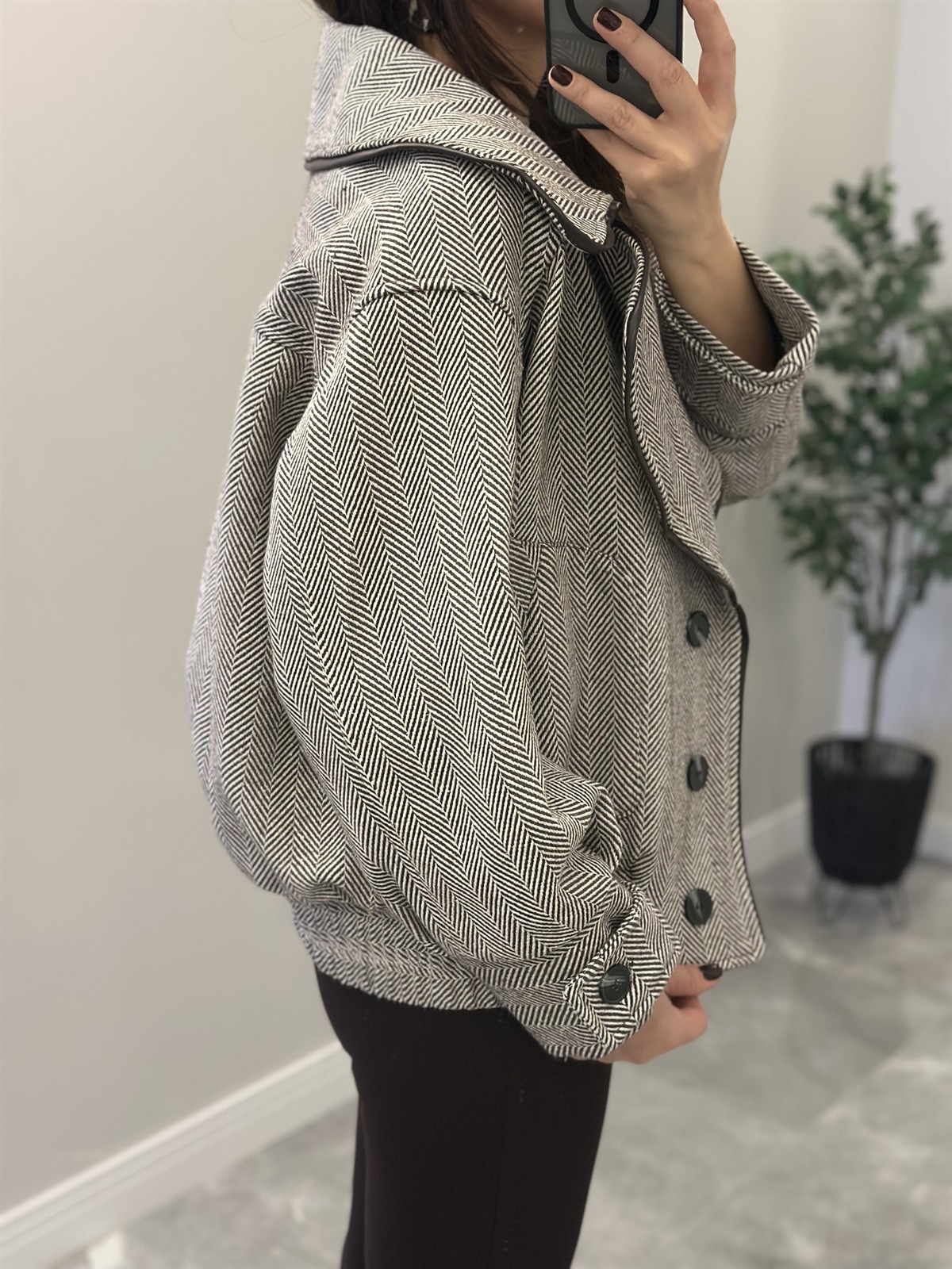 Deri Detaylı Kazayağı Bomber Ceket - Kahverengi