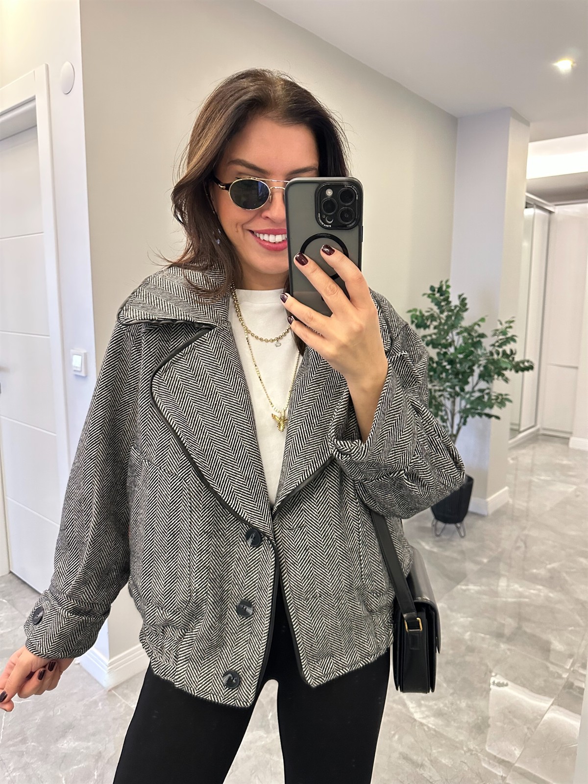 Deri Detaylı Kazayağı Bomber Ceket - Siyah