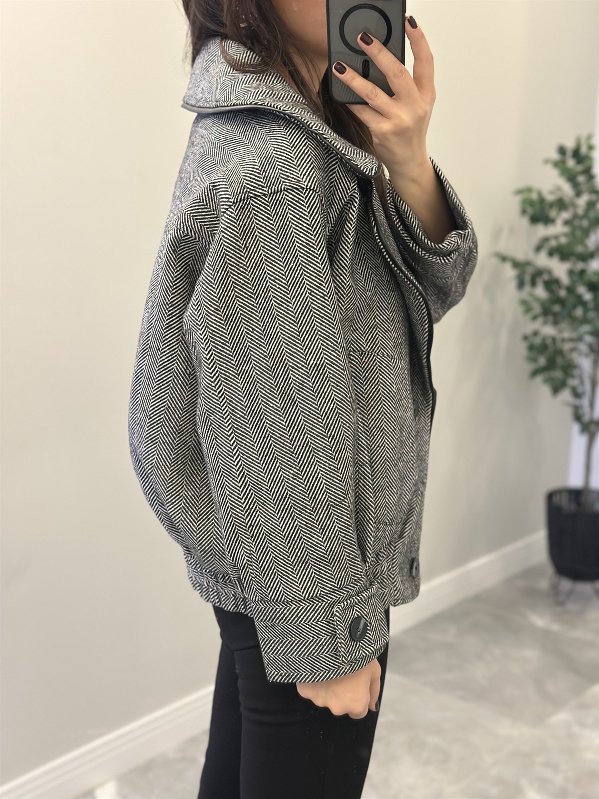 Deri Detaylı Kazayağı Bomber Ceket - Siyah