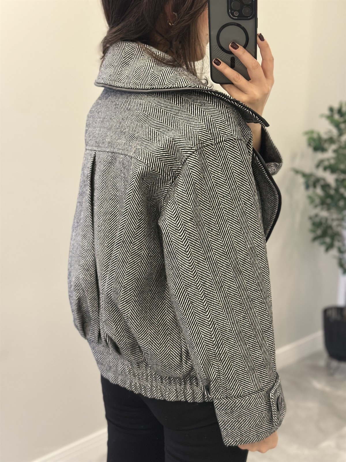 Deri Detaylı Kazayağı Bomber Ceket - Siyah