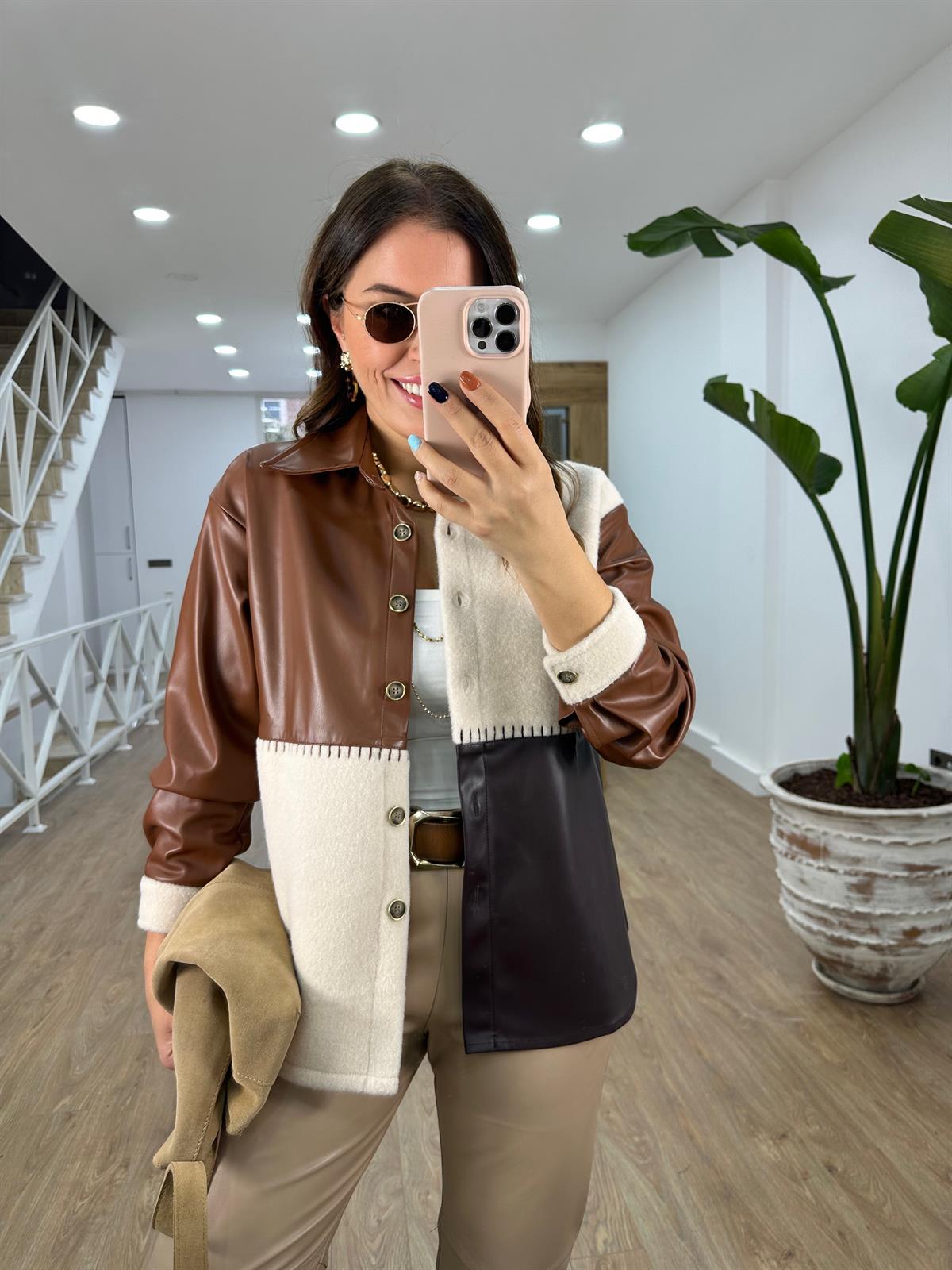 Deri Garnili Kaşe Patchwork Ceket