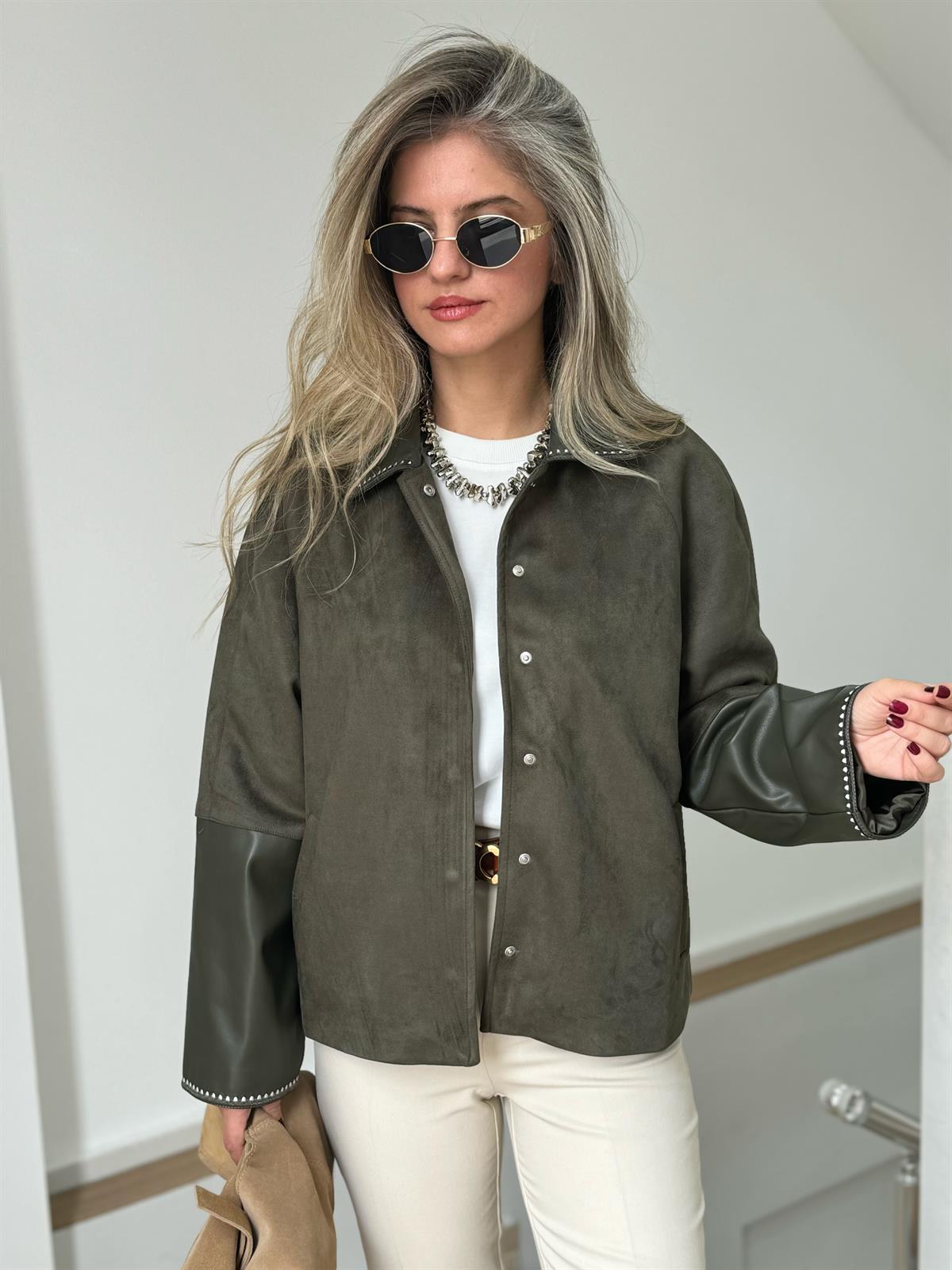 Deri Garnili Süet Ceket