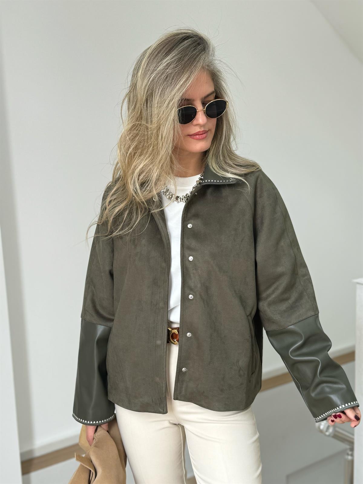 Deri Garnili Süet Ceket