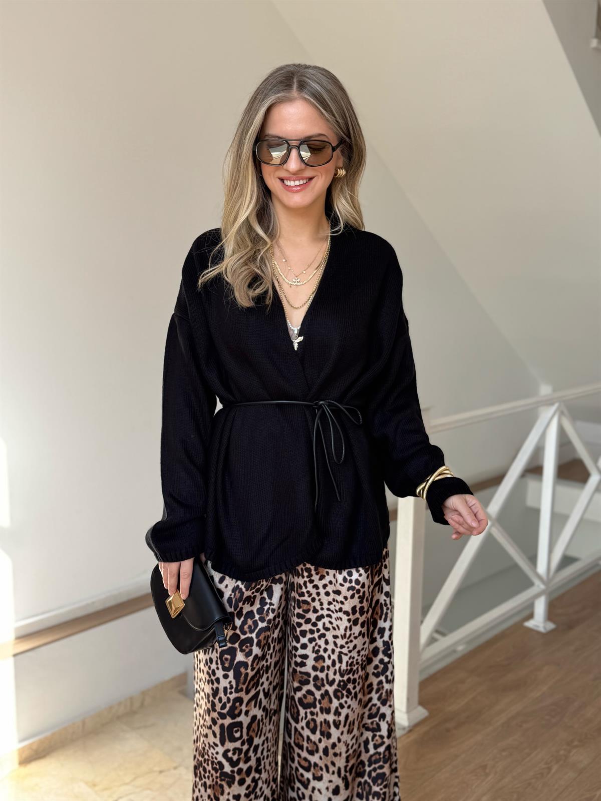 Deri Kemerli Triko Salaş Hırka 