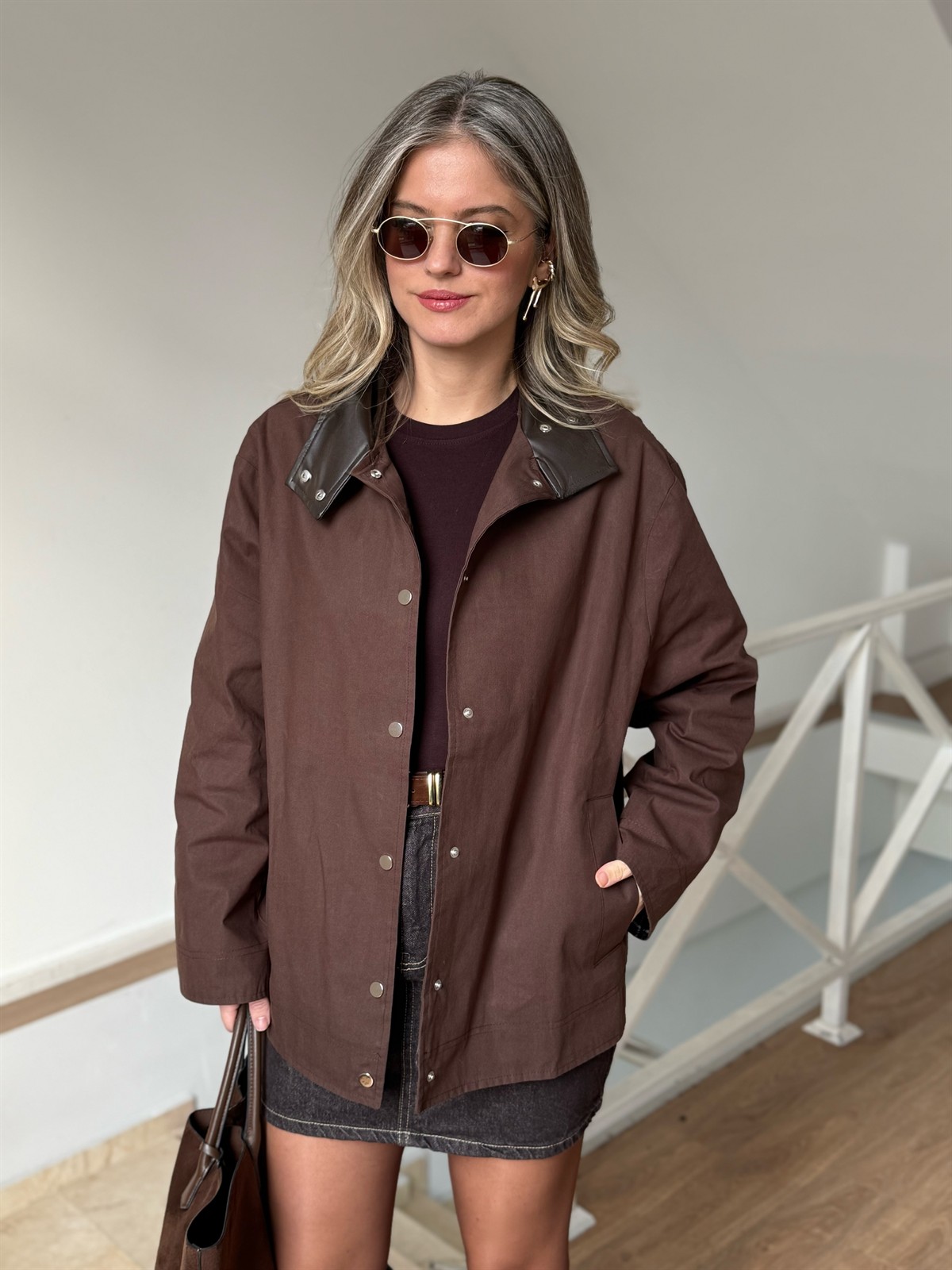 Deri Yaka Ekose Astarlı Ceket 