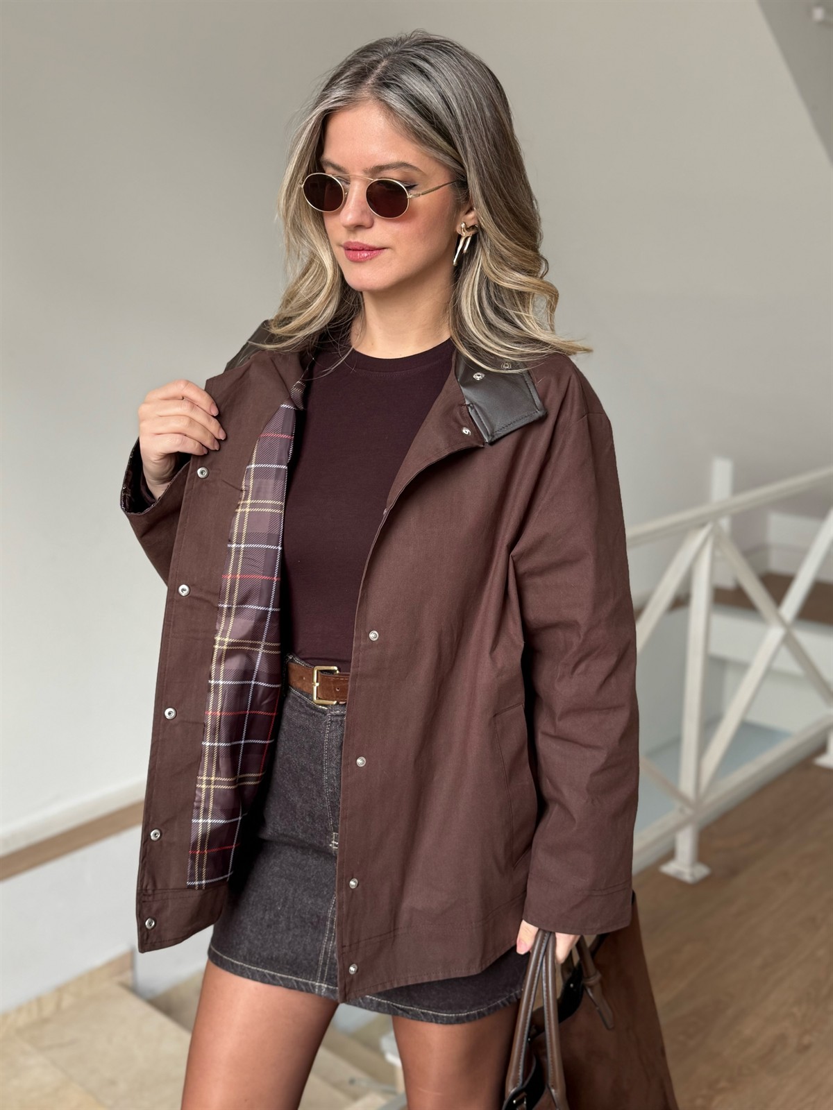 Deri Yaka Ekose Astarlı Ceket 