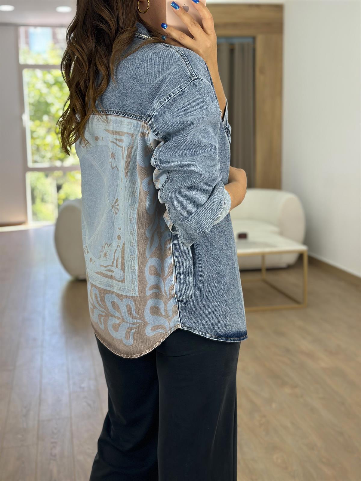 Desen Baskılı Taşlı Jean Ceket
