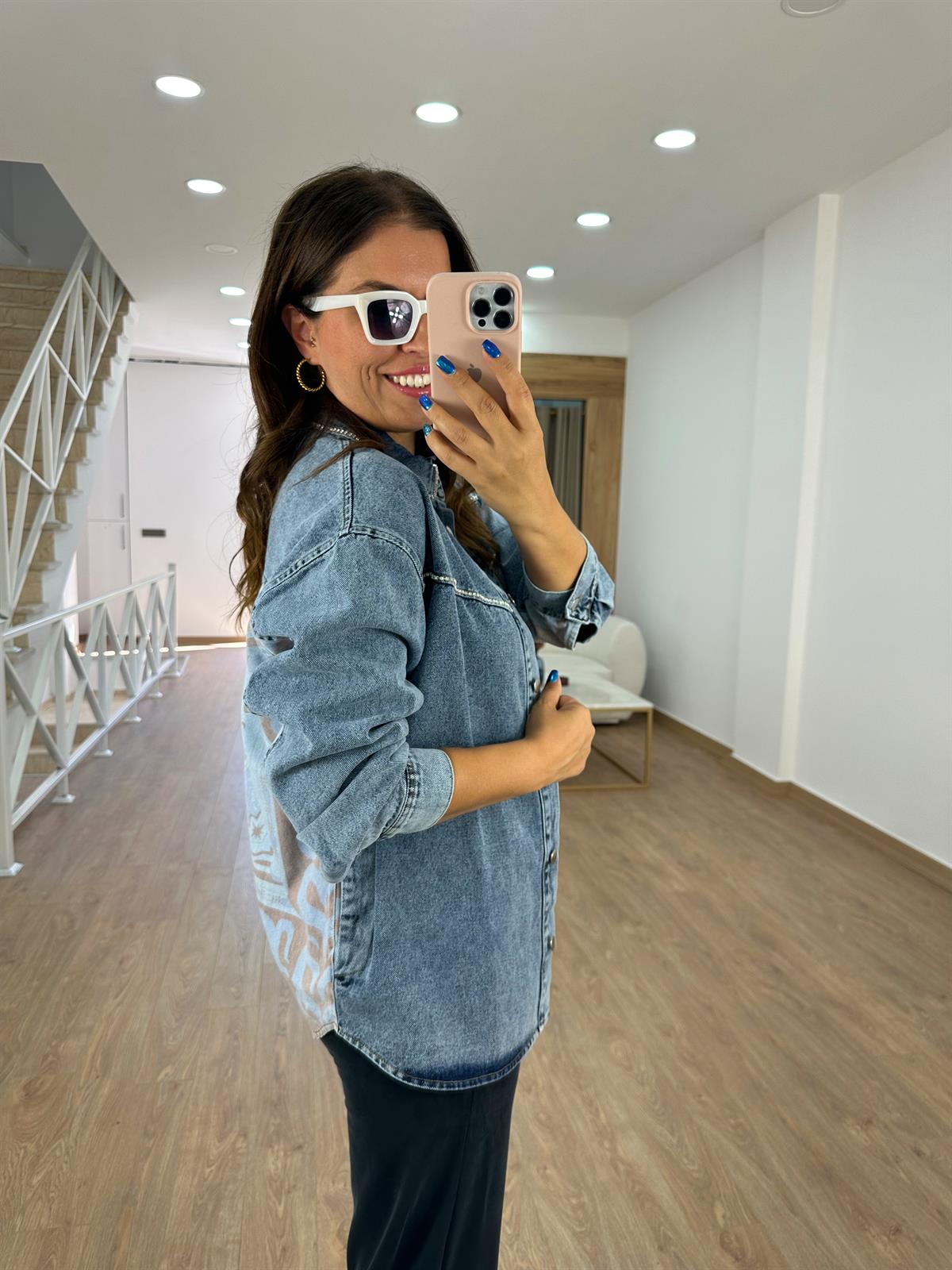 Desen Baskılı Taşlı Jean Ceket