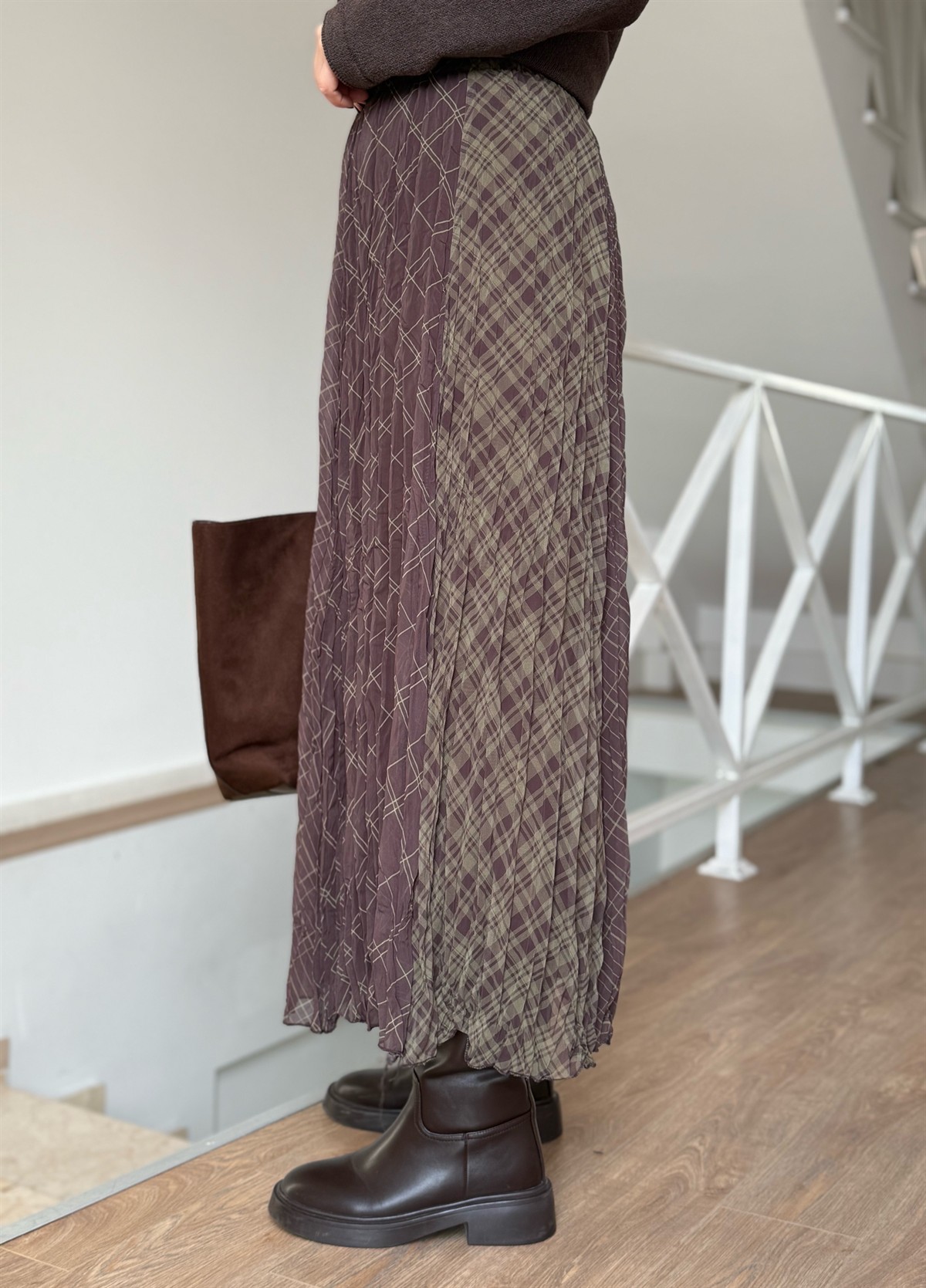 Desen Geçişli Astarlı Midi Etek - Haki/Kahve