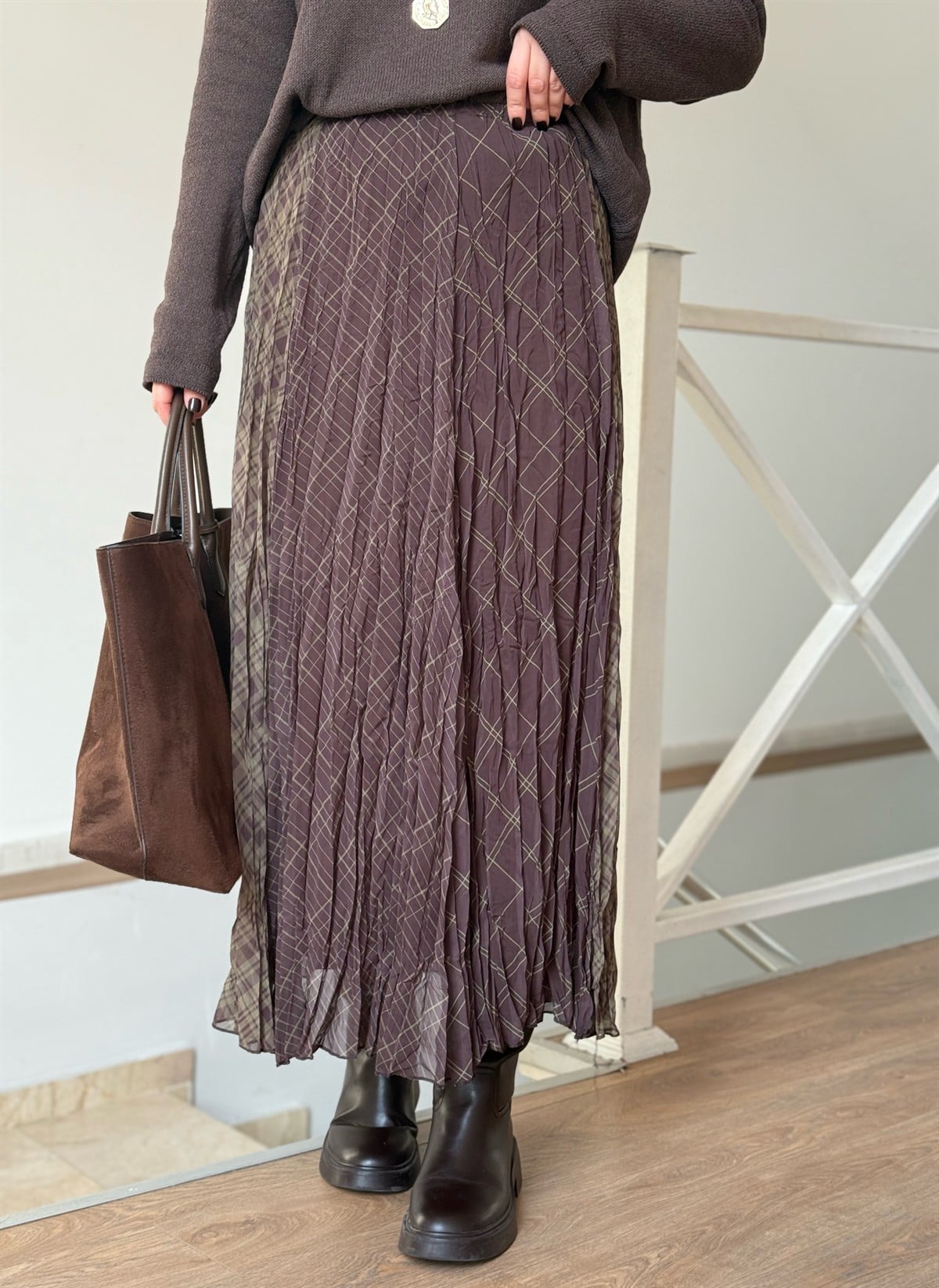 Desen Geçişli Astarlı Midi Etek - Haki/Kahve