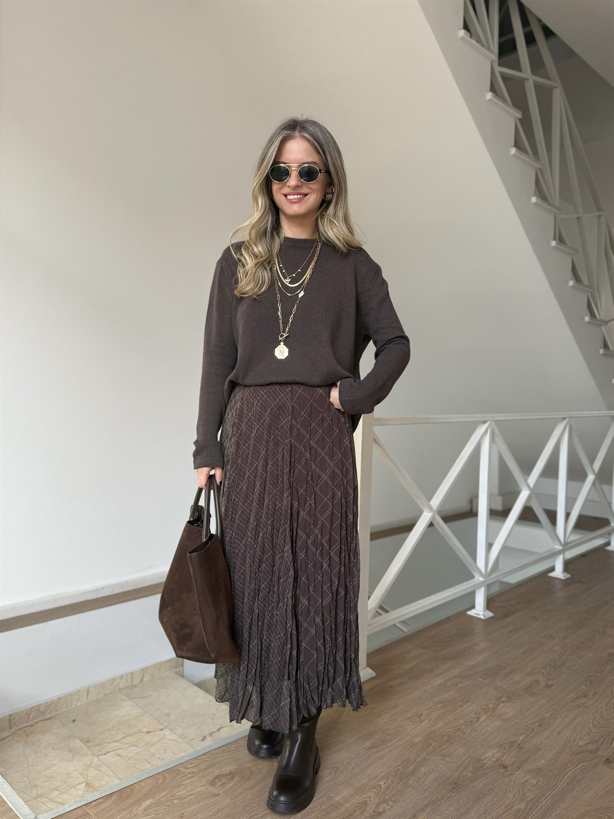 Desen Geçişli Astarlı Midi Etek - Haki/Kahve