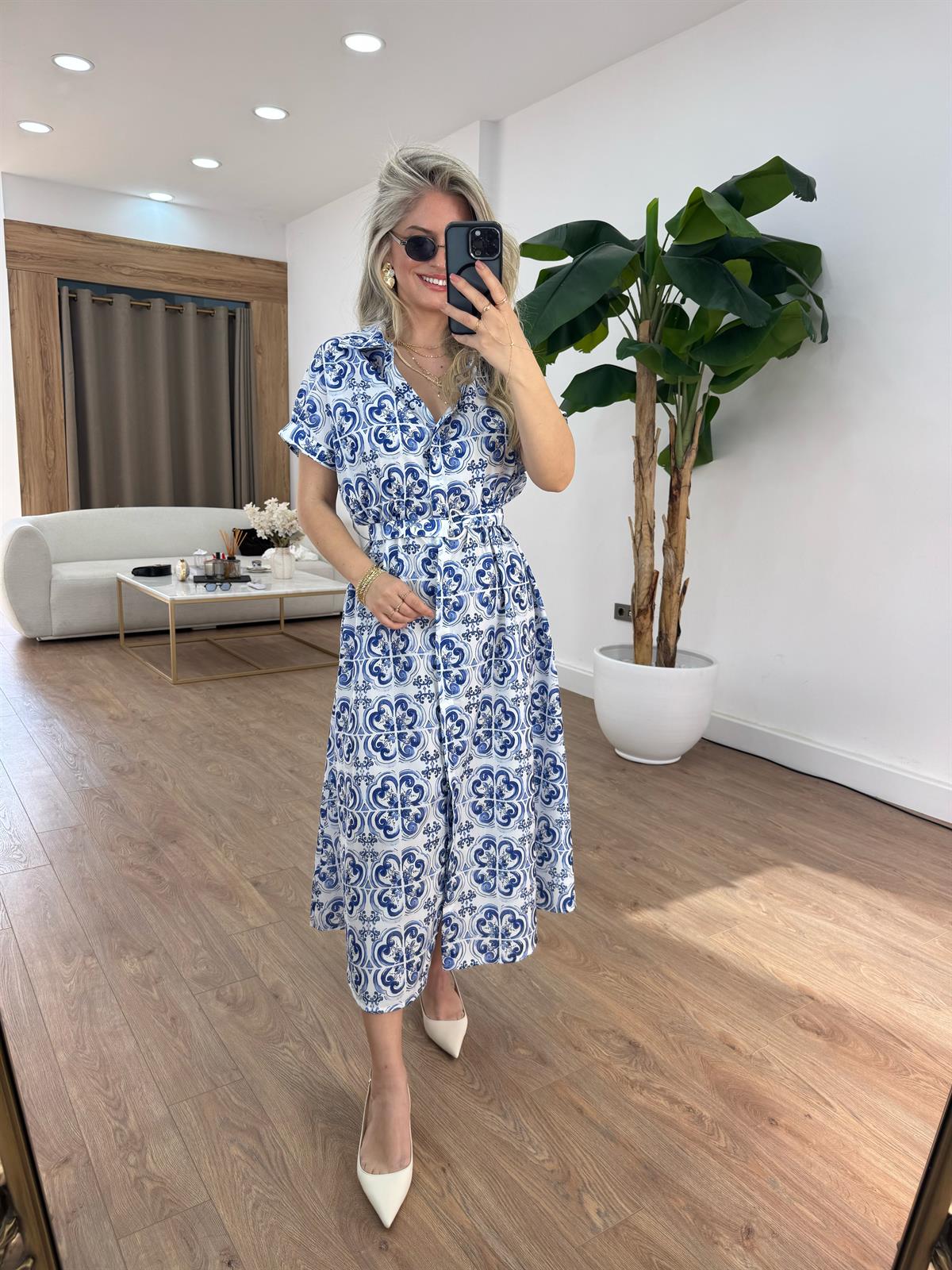 Desenli Kemerli Midi Elbise - Mavi