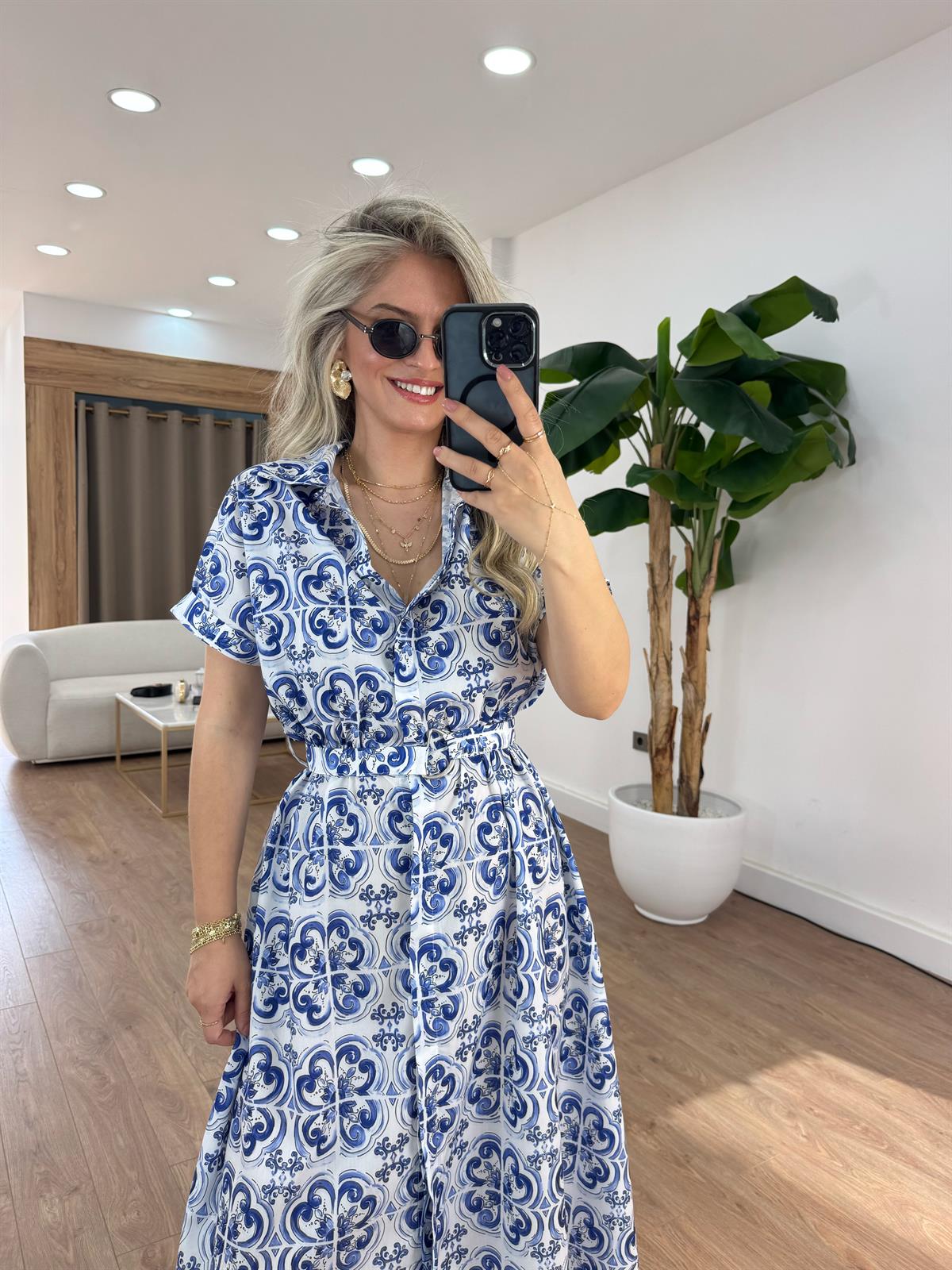 Desenli Kemerli Midi Elbise - Mavi